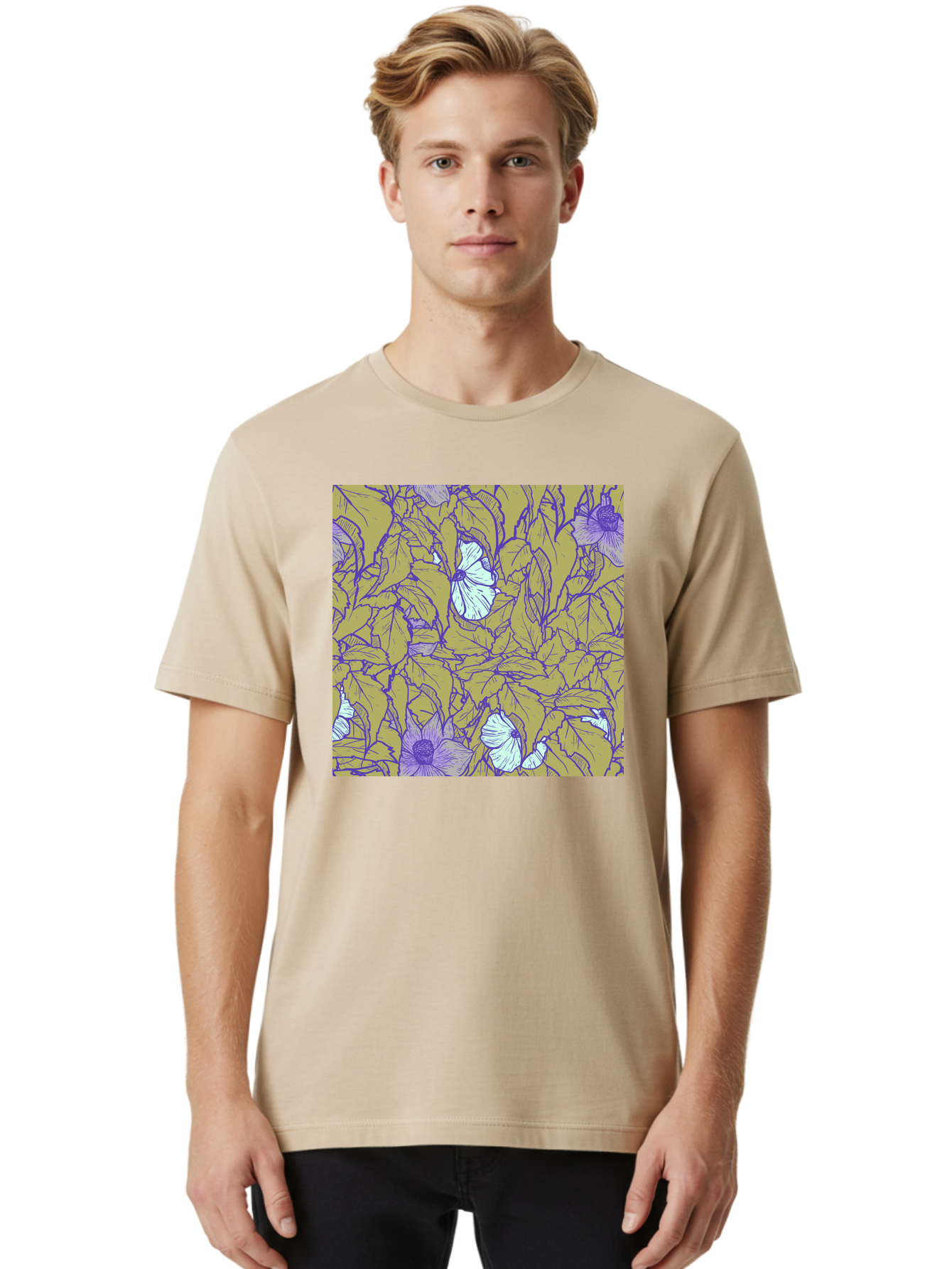 Floral-Pattern Men'S Graphic Tee, 100% Cotton, Comfortable Casual Summer Wear, Machine Washable, Floral Pattern, Purple Flowers, White Flowers, Yellow Leaves, Purple Outlines, Intricate Design, Nature-Inspired, Botanical Art, Aac392