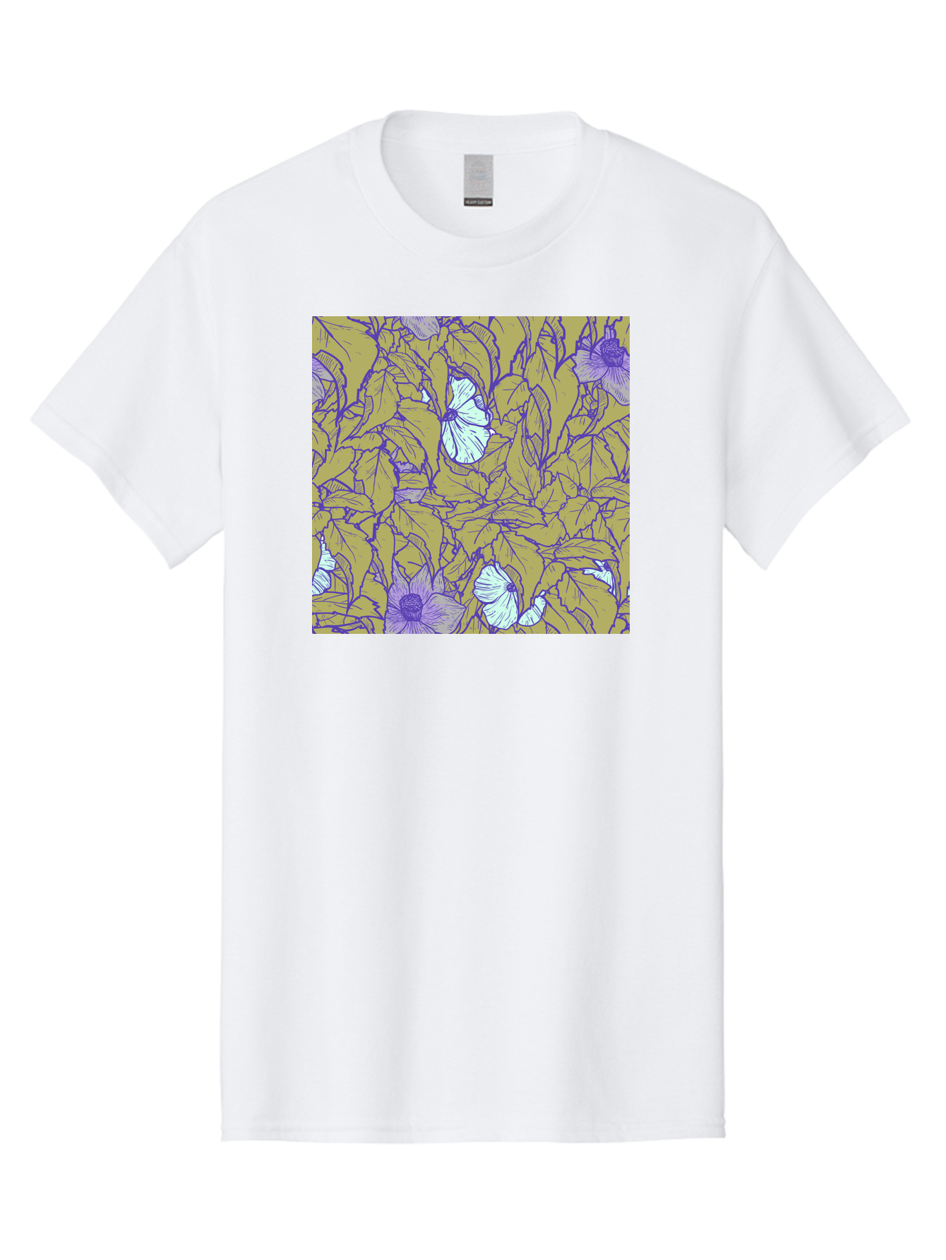 Floral-Pattern Men'S Graphic Tee, 100% Cotton, Comfortable Casual Summer Wear, Machine Washable, Floral Pattern, Purple Flowers, White Flowers, Yellow Leaves, Purple Outlines, Intricate Design, Nature-Inspired, Botanical Art, Aac392
