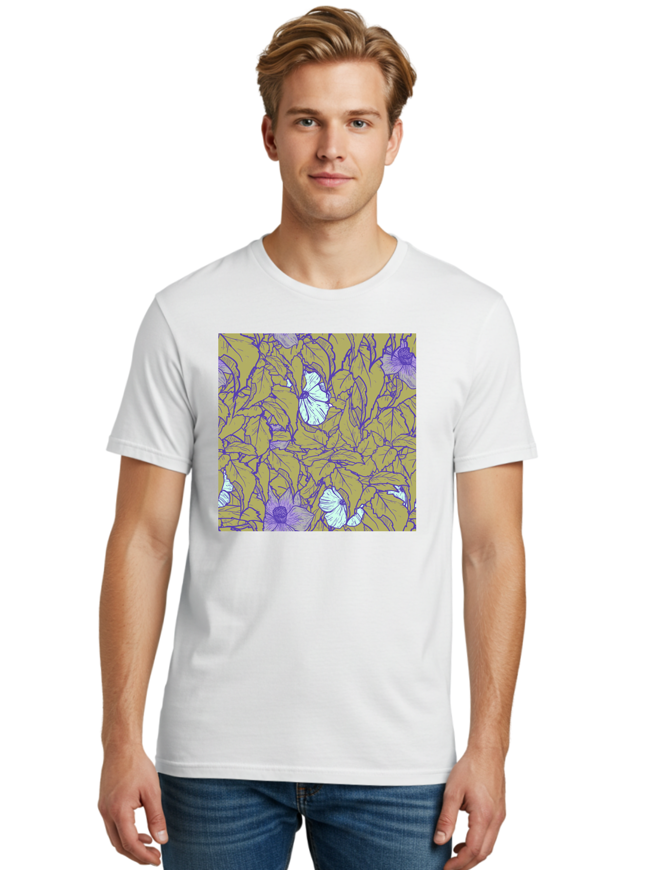 Floral-Pattern Men'S Graphic Tee, 100% Cotton, Comfortable Casual Summer Wear, Machine Washable, Floral Pattern, Purple Flowers, White Flowers, Yellow Leaves, Purple Outlines, Intricate Design, Nature-Inspired, Botanical Art, Aac392