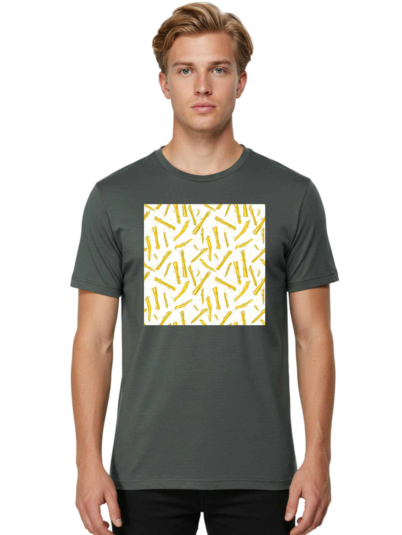 French-Fries-Pattern Men'S Graphic Tee, 100% Cotton, Comfortable Casual Summer Wear, Machine Washable, French Fries Pattern, Yellow Fries, White Background, Food Design, Snack Pattern, Restaurant Theme, Casual Dining, Appetizing Visuals, Aac393