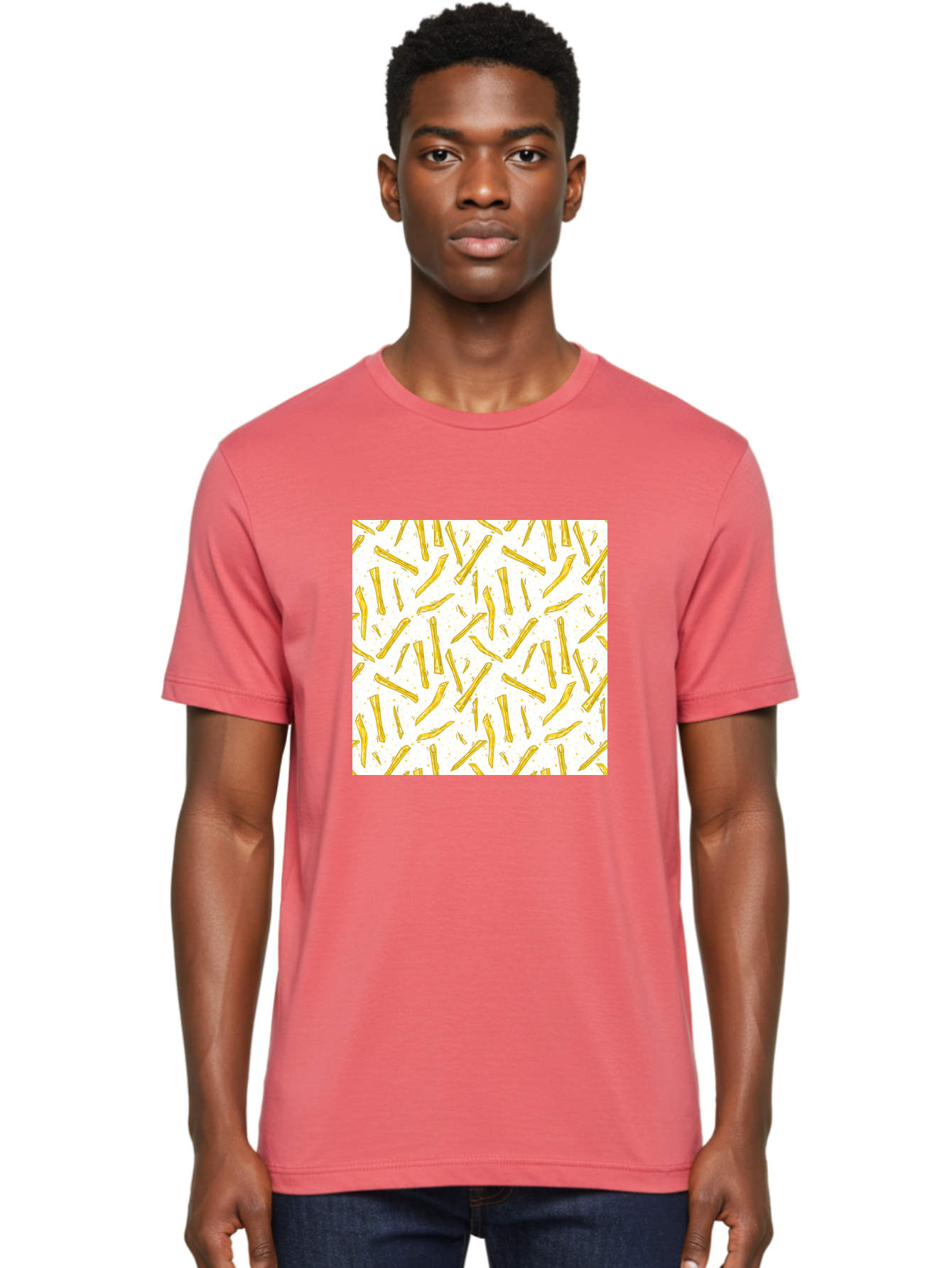 French-Fries-Pattern Men'S Graphic Tee, 100% Cotton, Comfortable Casual Summer Wear, Machine Washable, French Fries Pattern, Yellow Fries, White Background, Food Design, Snack Pattern, Restaurant Theme, Casual Dining, Appetizing Visuals, Aac393