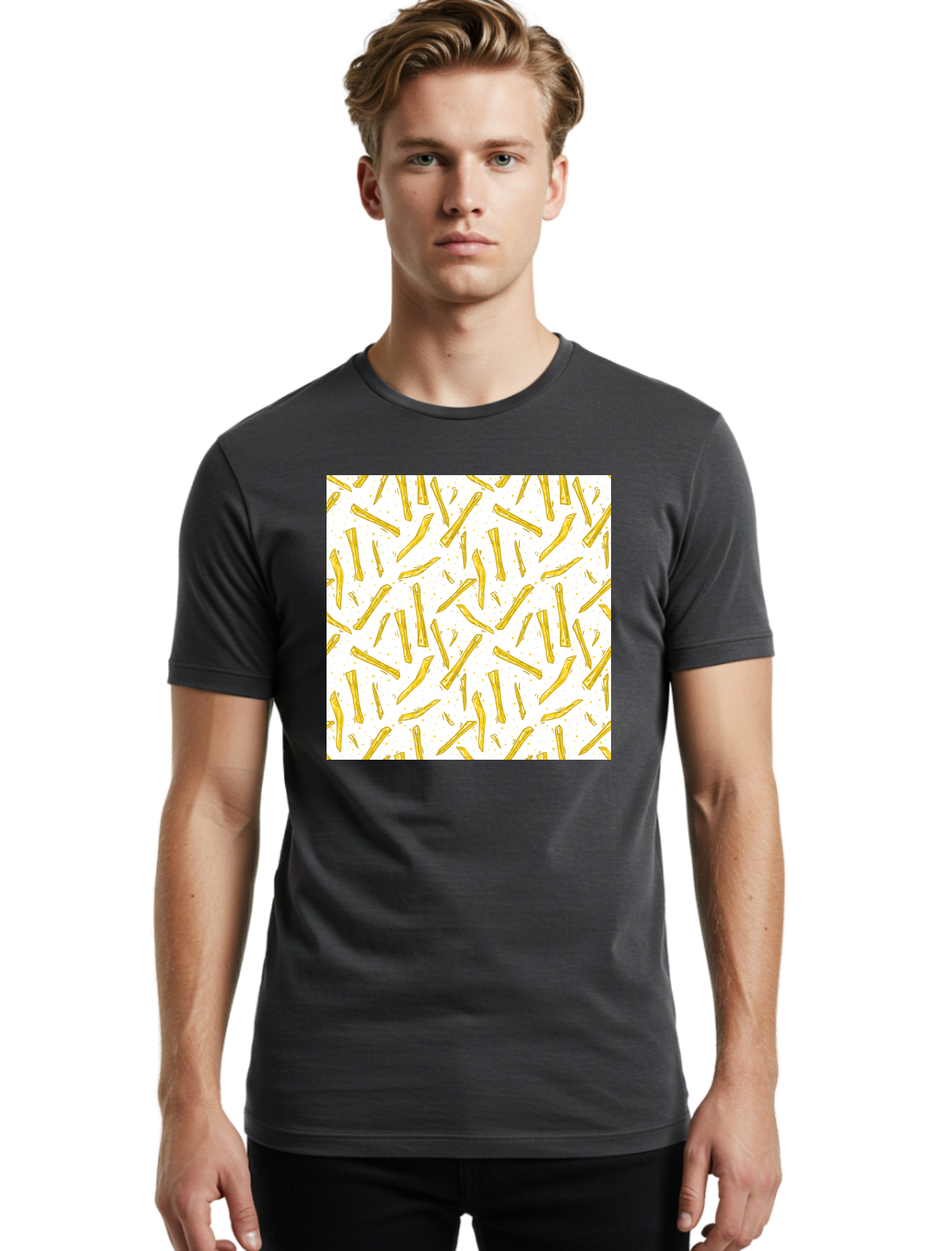 French-Fries-Pattern Men'S Graphic Tee, 100% Cotton, Comfortable Casual Summer Wear, Machine Washable, French Fries Pattern, Yellow Fries, White Background, Food Design, Snack Pattern, Restaurant Theme, Casual Dining, Appetizing Visuals, Aac393