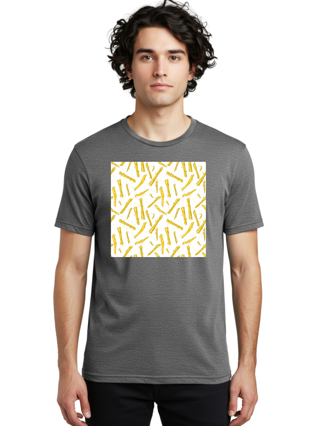 French-Fries-Pattern Men'S Graphic Tee, 100% Cotton, Comfortable Casual Summer Wear, Machine Washable, French Fries Pattern, Yellow Fries, White Background, Food Design, Snack Pattern, Restaurant Theme, Casual Dining, Appetizing Visuals, Aac393