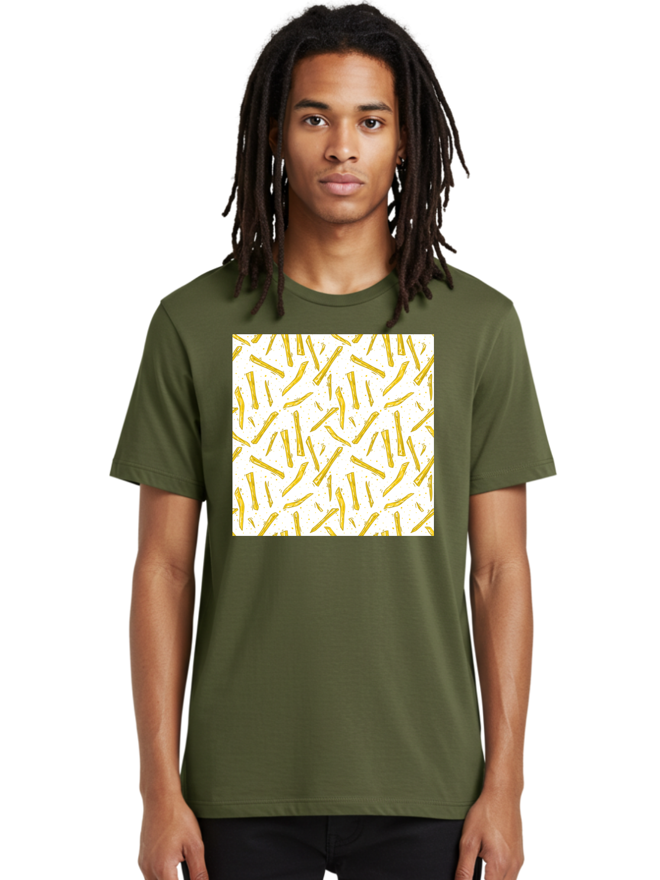 French-Fries-Pattern Men'S Graphic Tee, 100% Cotton, Comfortable Casual Summer Wear, Machine Washable, French Fries Pattern, Yellow Fries, White Background, Food Design, Snack Pattern, Restaurant Theme, Casual Dining, Appetizing Visuals, Aac393