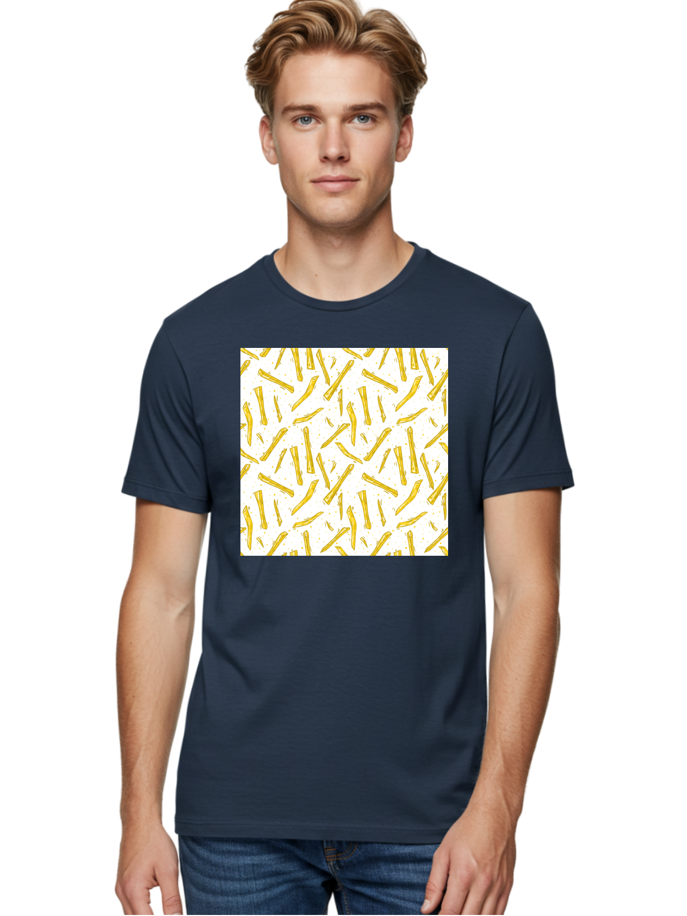 French-Fries-Pattern Men'S Graphic Tee, 100% Cotton, Comfortable Casual Summer Wear, Machine Washable, French Fries Pattern, Yellow Fries, White Background, Food Design, Snack Pattern, Restaurant Theme, Casual Dining, Appetizing Visuals, Aac393