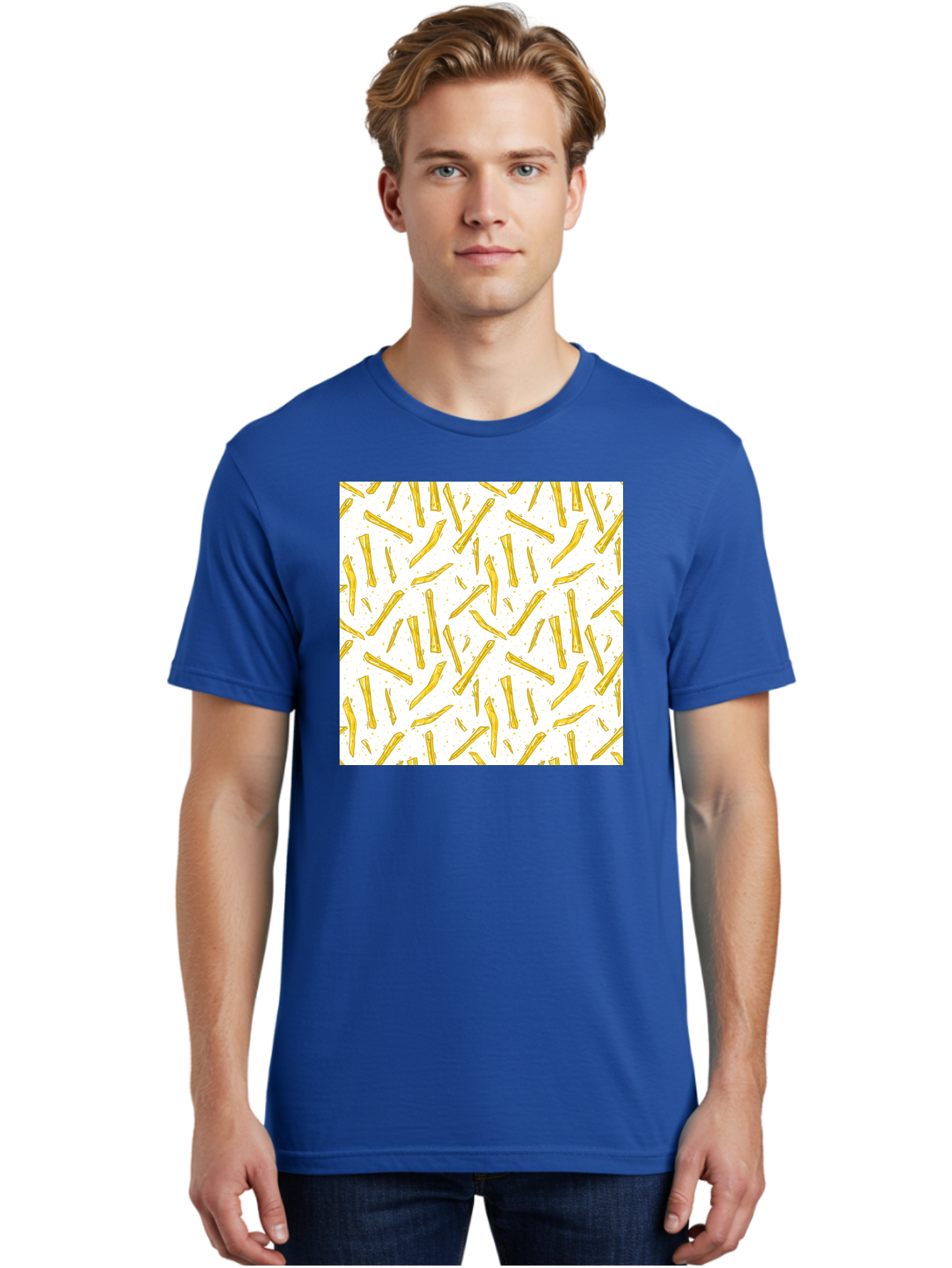 French-Fries-Pattern Men'S Graphic Tee, 100% Cotton, Comfortable Casual Summer Wear, Machine Washable, French Fries Pattern, Yellow Fries, White Background, Food Design, Snack Pattern, Restaurant Theme, Casual Dining, Appetizing Visuals, Aac393