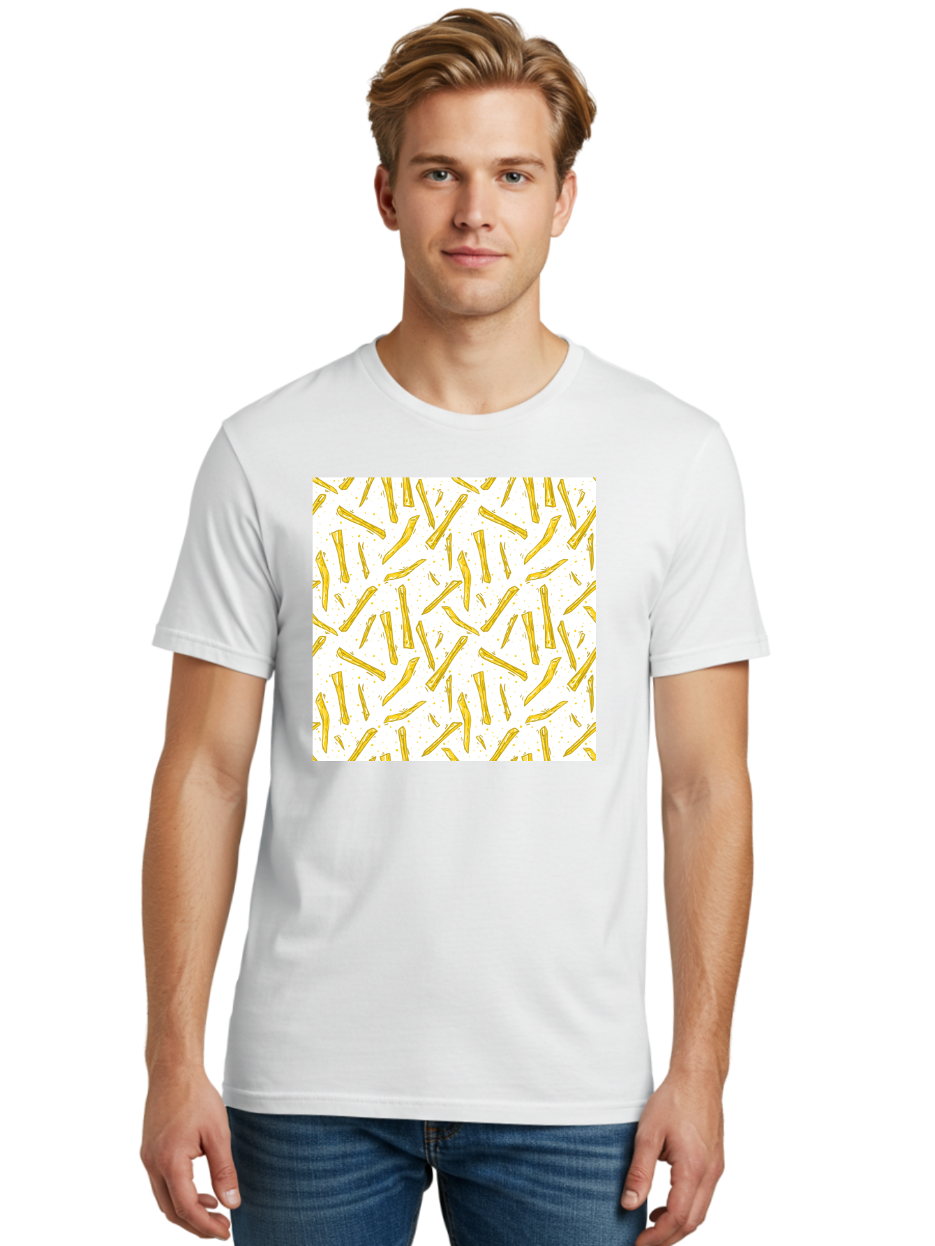 French-Fries-Pattern Men'S Graphic Tee, 100% Cotton, Comfortable Casual Summer Wear, Machine Washable, French Fries Pattern, Yellow Fries, White Background, Food Design, Snack Pattern, Restaurant Theme, Casual Dining, Appetizing Visuals, Aac393
