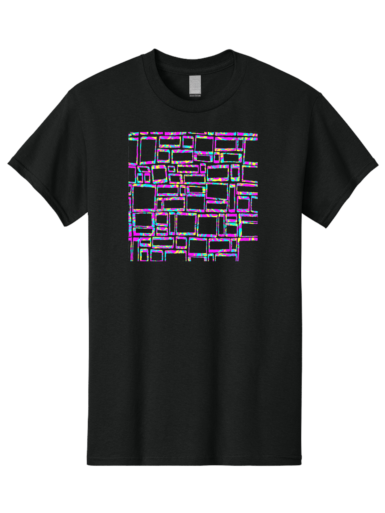 Glitch-Squares-Pattern Men'S Graphic Tee, 100% Cotton, Comfortable Casual Summer Wear, Machine Washable, Glitch Art, Distorted Rectangles, Neon Colors, Vibrant Hues, Abstract Pattern, Digital Distortion, Futuristic Design, Error Aesthetic, Aac394