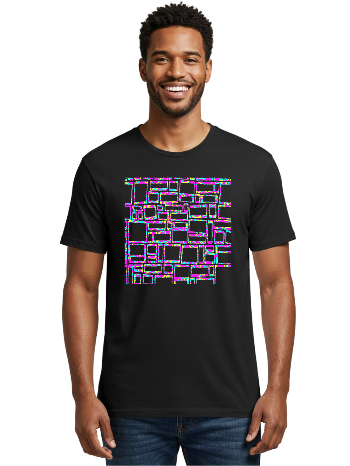 Glitch-Squares-Pattern Men'S Graphic Tee, 100% Cotton, Comfortable Casual Summer Wear, Machine Washable, Glitch Art, Distorted Rectangles, Neon Colors, Vibrant Hues, Abstract Pattern, Digital Distortion, Futuristic Design, Error Aesthetic, Aac394