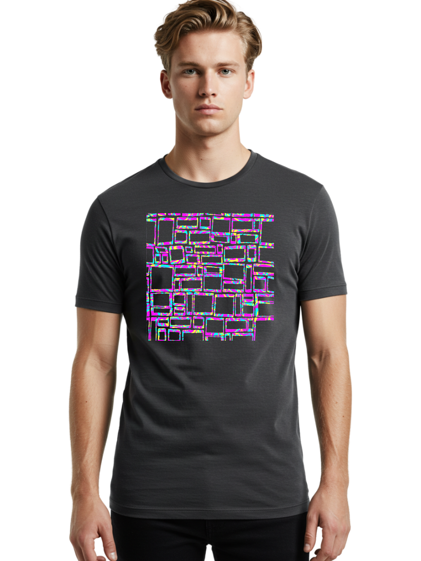 Glitch-Squares-Pattern Men'S Graphic Tee, 100% Cotton, Comfortable Casual Summer Wear, Machine Washable, Glitch Art, Distorted Rectangles, Neon Colors, Vibrant Hues, Abstract Pattern, Digital Distortion, Futuristic Design, Error Aesthetic, Aac394
