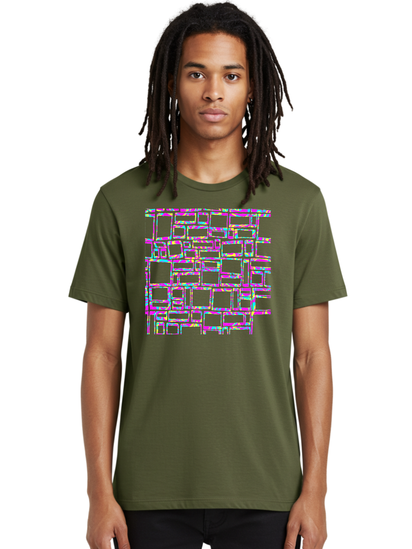 Glitch-Squares-Pattern Men'S Graphic Tee, 100% Cotton, Comfortable Casual Summer Wear, Machine Washable, Glitch Art, Distorted Rectangles, Neon Colors, Vibrant Hues, Abstract Pattern, Digital Distortion, Futuristic Design, Error Aesthetic, Aac394