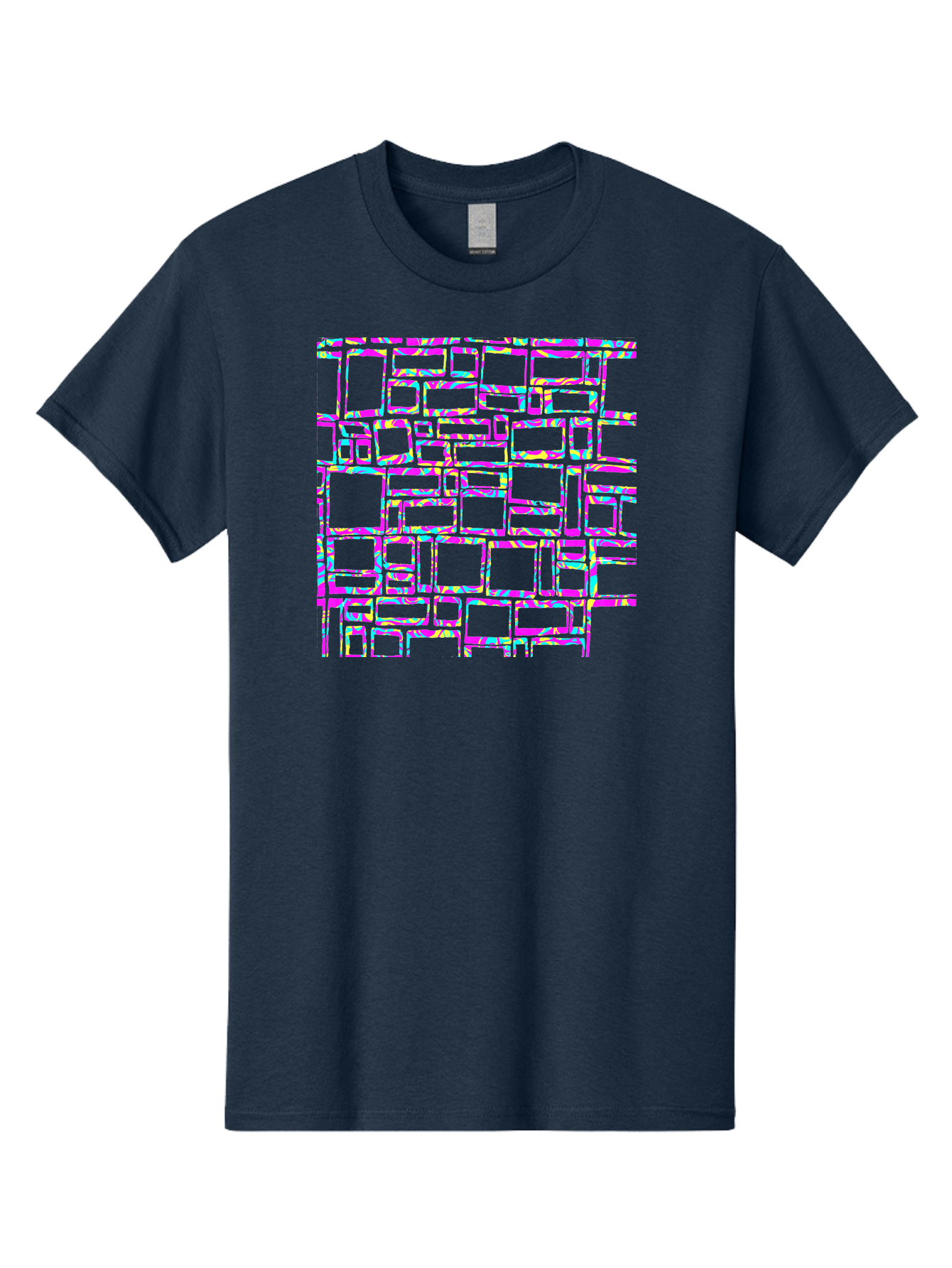 Glitch-Squares-Pattern Men'S Graphic Tee, 100% Cotton, Comfortable Casual Summer Wear, Machine Washable, Glitch Art, Distorted Rectangles, Neon Colors, Vibrant Hues, Abstract Pattern, Digital Distortion, Futuristic Design, Error Aesthetic, Aac394