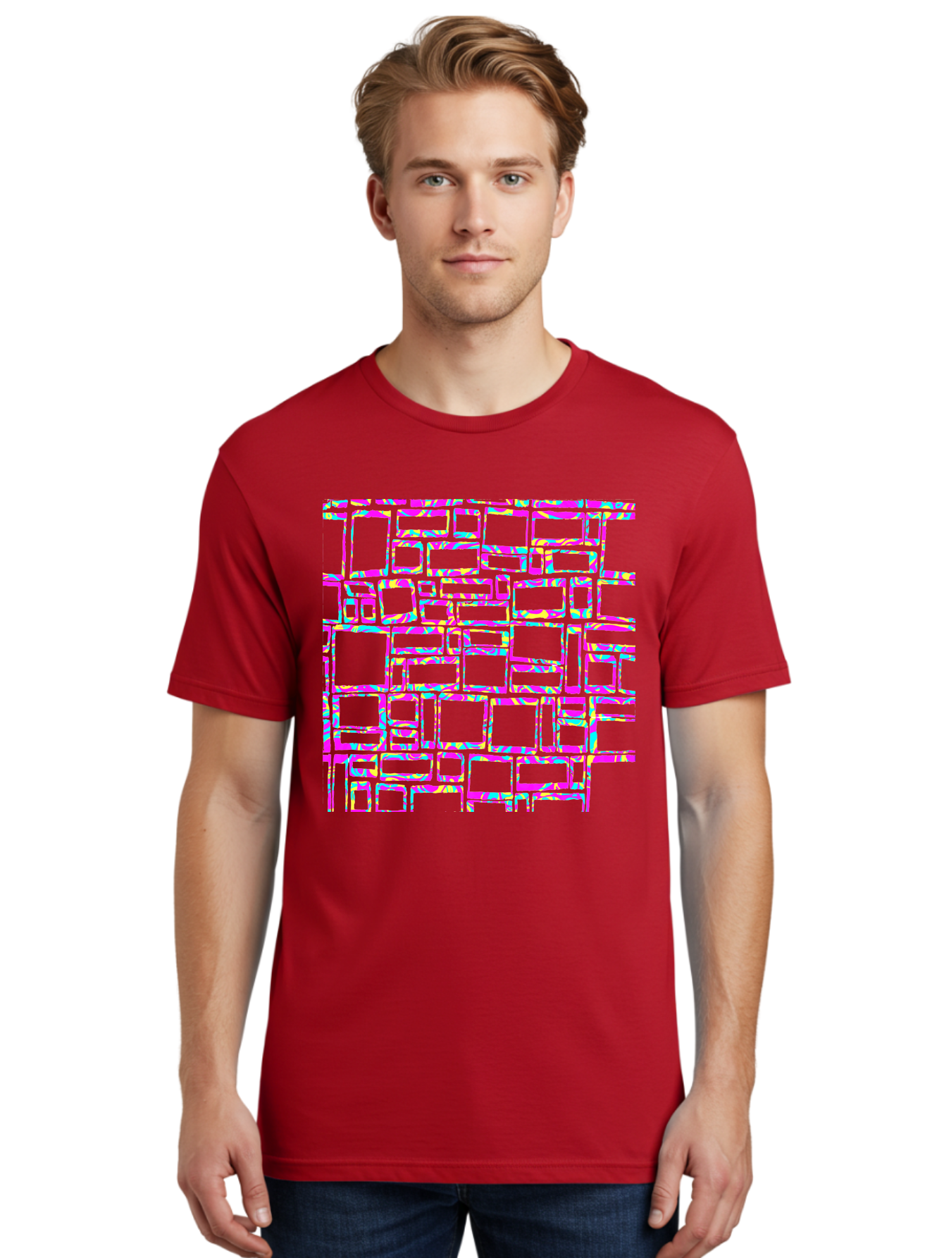 Glitch-Squares-Pattern Men'S Graphic Tee, 100% Cotton, Comfortable Casual Summer Wear, Machine Washable, Glitch Art, Distorted Rectangles, Neon Colors, Vibrant Hues, Abstract Pattern, Digital Distortion, Futuristic Design, Error Aesthetic, Aac394