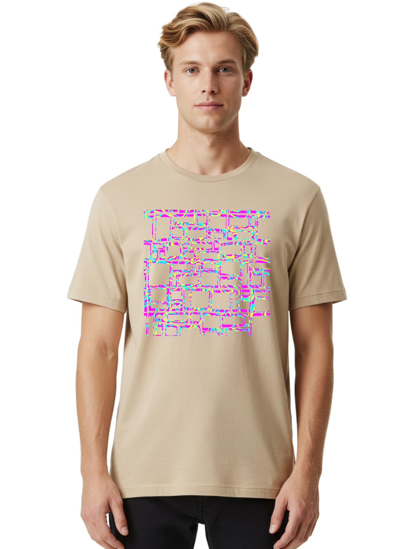 Glitch-Squares-Pattern Men'S Graphic Tee, 100% Cotton, Comfortable Casual Summer Wear, Machine Washable, Glitch Art, Distorted Rectangles, Neon Colors, Vibrant Hues, Abstract Pattern, Digital Distortion, Futuristic Design, Error Aesthetic, Aac394