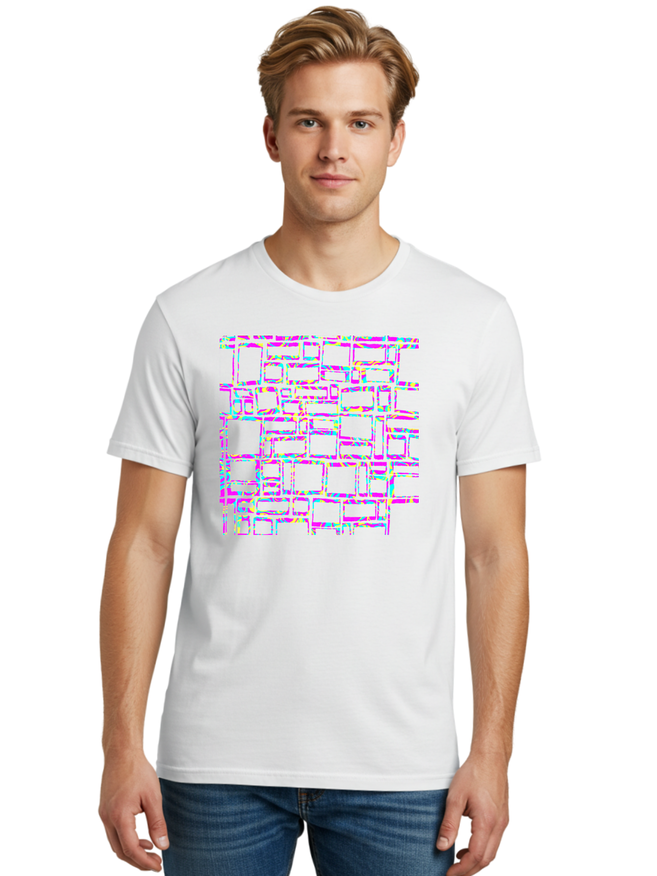 Glitch-Squares-Pattern Men'S Graphic Tee, 100% Cotton, Comfortable Casual Summer Wear, Machine Washable, Glitch Art, Distorted Rectangles, Neon Colors, Vibrant Hues, Abstract Pattern, Digital Distortion, Futuristic Design, Error Aesthetic, Aac394