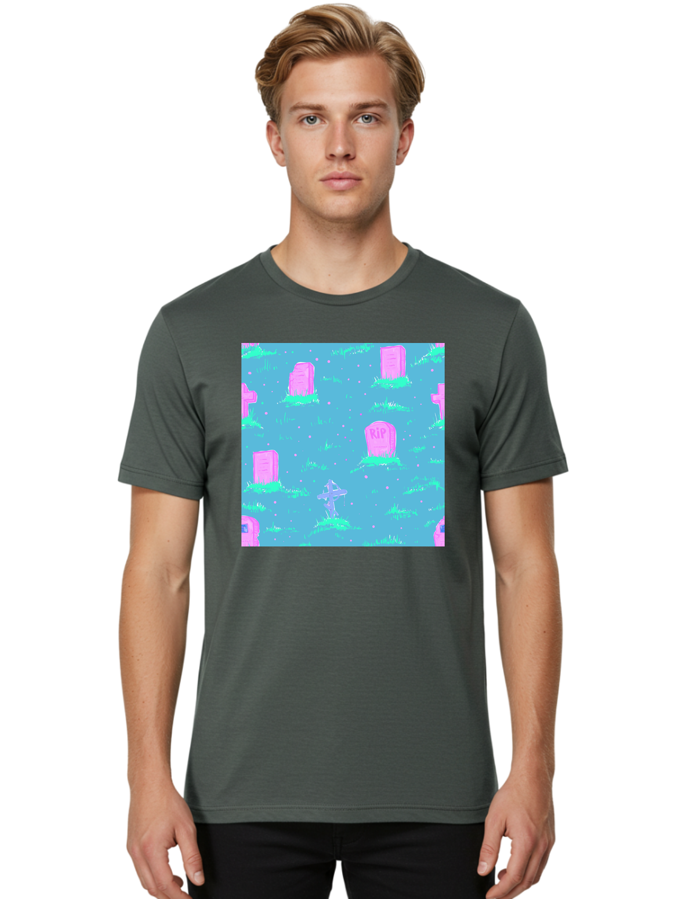 Graveyard-Pattern Men'S Graphic Tee, 100% Cotton, Comfortable Casual Summer Wear, Machine Washable, Tombstones With Rip, Graveyard Scene, Pastel Pink Headstones, Grassy Burial Grounds, Spooky Ambiance, Eerie Atmosphere, Ghostly Vibes, Aac395