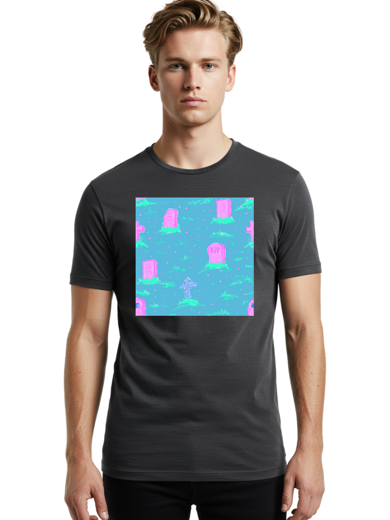 Graveyard-Pattern Men'S Graphic Tee, 100% Cotton, Comfortable Casual Summer Wear, Machine Washable, Tombstones With Rip, Graveyard Scene, Pastel Pink Headstones, Grassy Burial Grounds, Spooky Ambiance, Eerie Atmosphere, Ghostly Vibes, Aac395