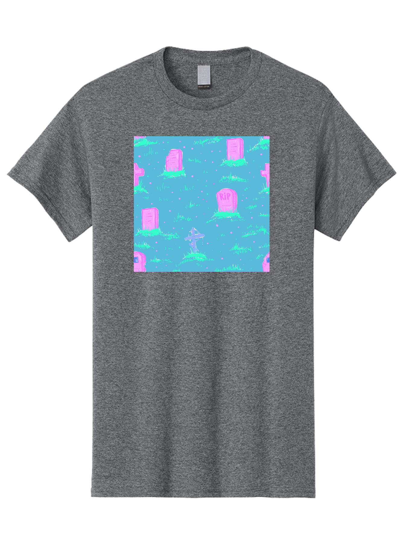 Graveyard-Pattern Men'S Graphic Tee, 100% Cotton, Comfortable Casual Summer Wear, Machine Washable, Tombstones With Rip, Graveyard Scene, Pastel Pink Headstones, Grassy Burial Grounds, Spooky Ambiance, Eerie Atmosphere, Ghostly Vibes, Aac395