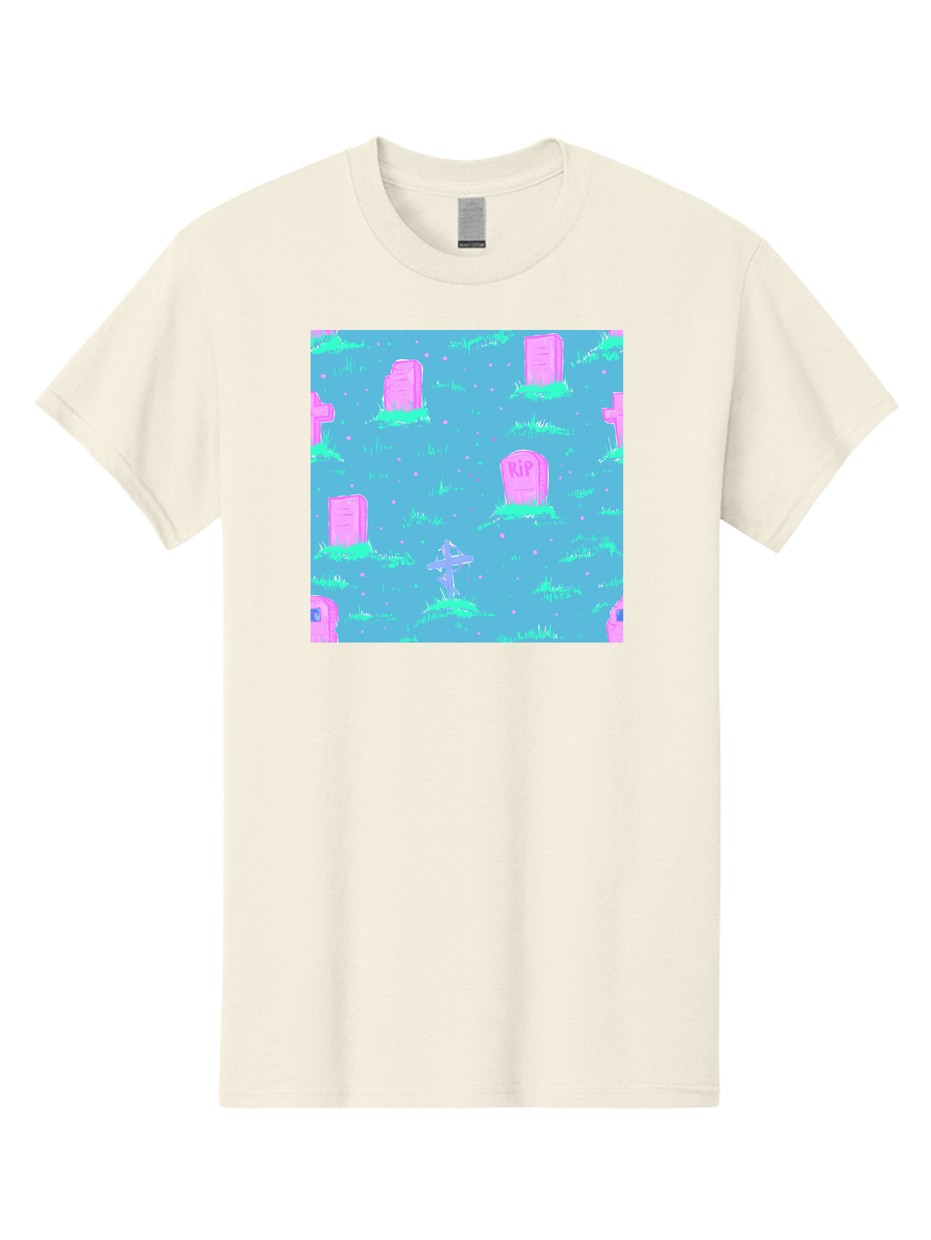 Graveyard-Pattern Men'S Graphic Tee, 100% Cotton, Comfortable Casual Summer Wear, Machine Washable, Tombstones With Rip, Graveyard Scene, Pastel Pink Headstones, Grassy Burial Grounds, Spooky Ambiance, Eerie Atmosphere, Ghostly Vibes, Aac395