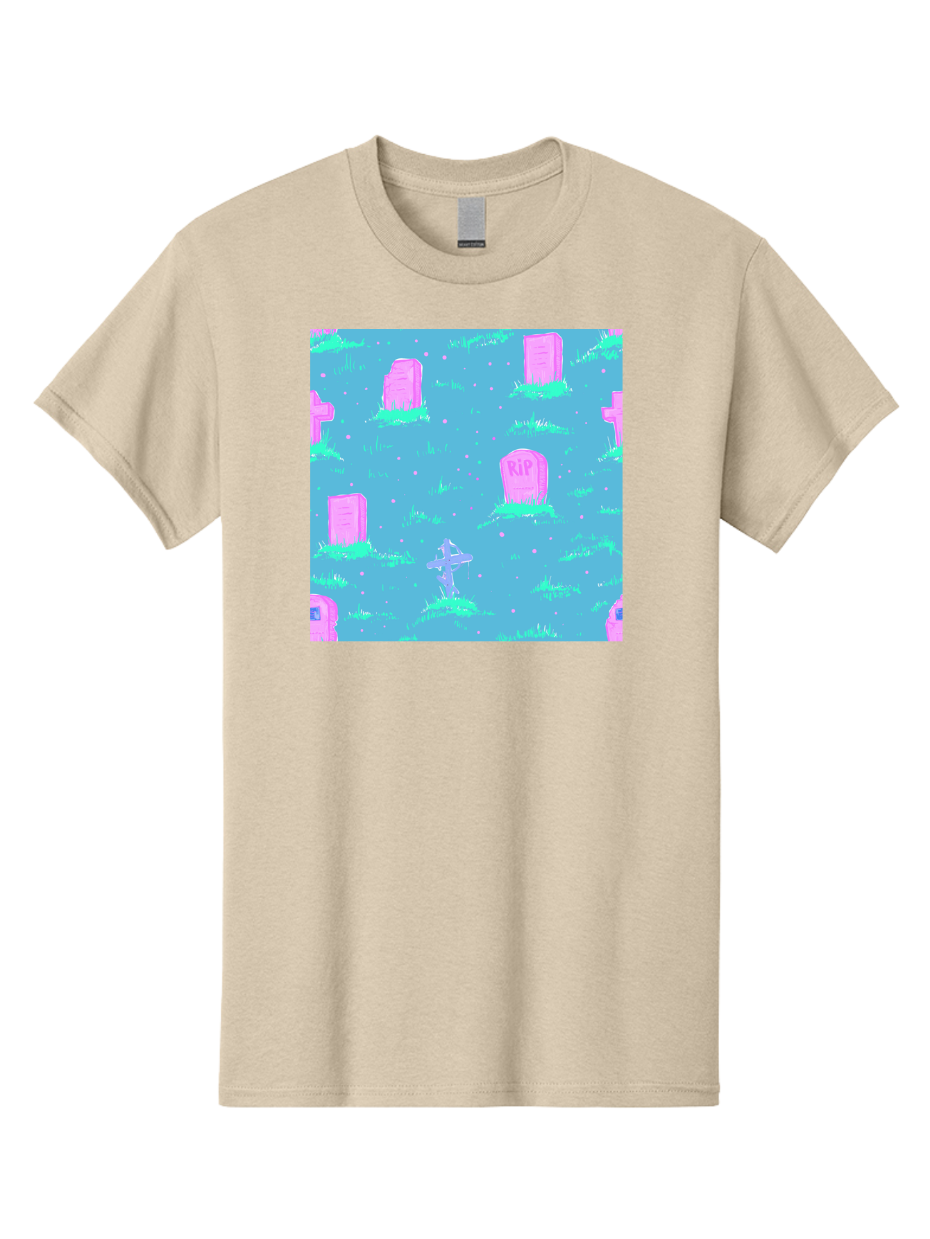 Graveyard-Pattern Men'S Graphic Tee, 100% Cotton, Comfortable Casual Summer Wear, Machine Washable, Tombstones With Rip, Graveyard Scene, Pastel Pink Headstones, Grassy Burial Grounds, Spooky Ambiance, Eerie Atmosphere, Ghostly Vibes, Aac395