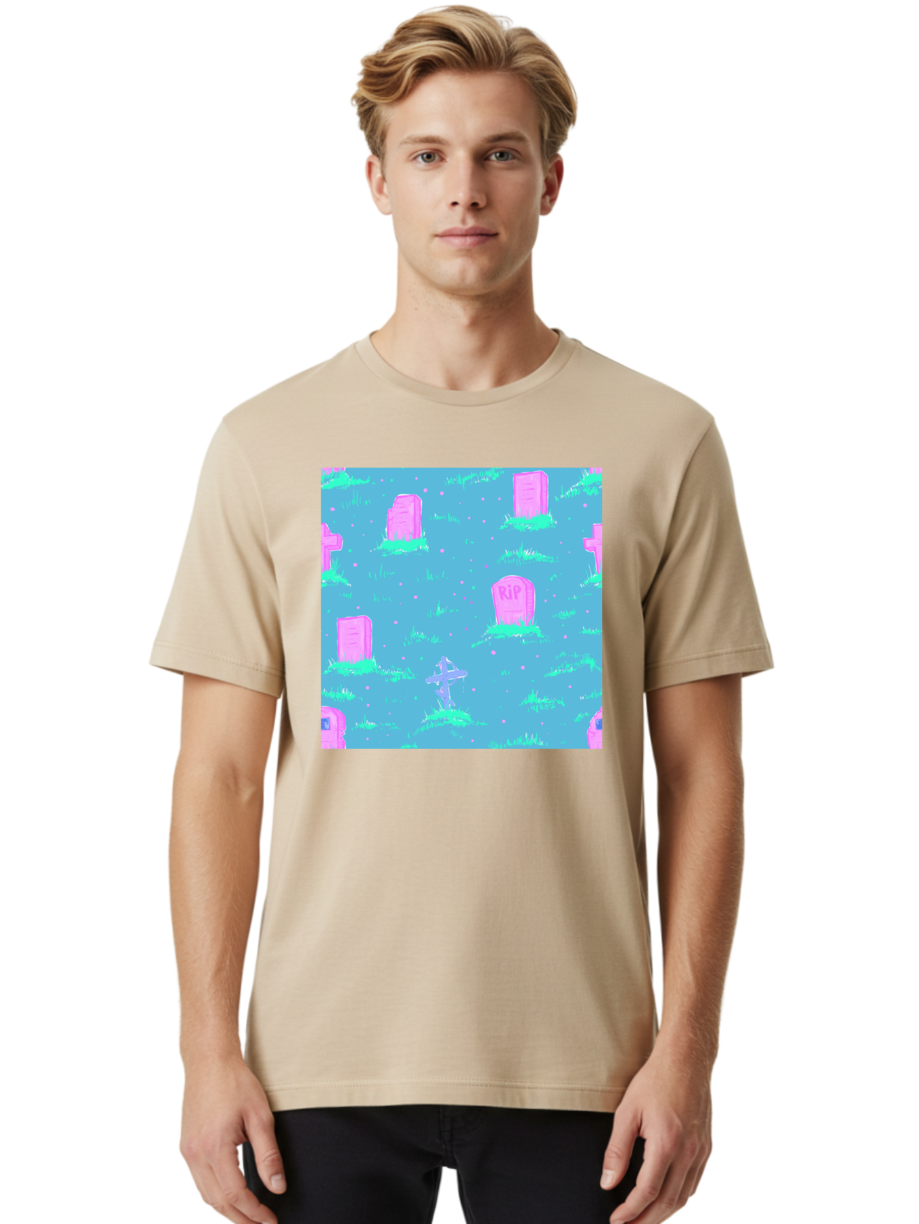 Graveyard-Pattern Men'S Graphic Tee, 100% Cotton, Comfortable Casual Summer Wear, Machine Washable, Tombstones With Rip, Graveyard Scene, Pastel Pink Headstones, Grassy Burial Grounds, Spooky Ambiance, Eerie Atmosphere, Ghostly Vibes, Aac395
