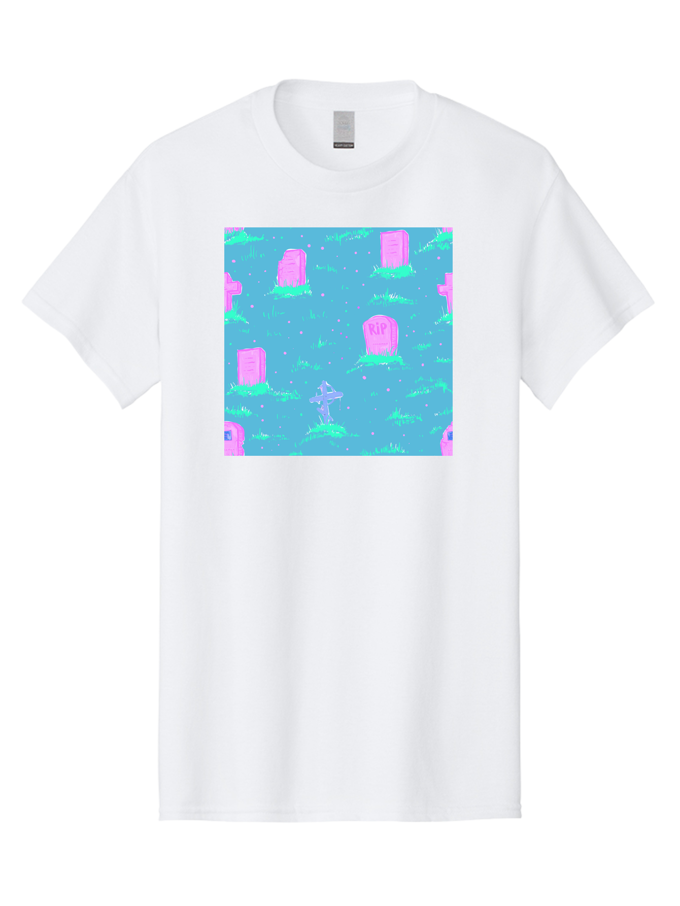 Graveyard-Pattern Men'S Graphic Tee, 100% Cotton, Comfortable Casual Summer Wear, Machine Washable, Tombstones With Rip, Graveyard Scene, Pastel Pink Headstones, Grassy Burial Grounds, Spooky Ambiance, Eerie Atmosphere, Ghostly Vibes, Aac395