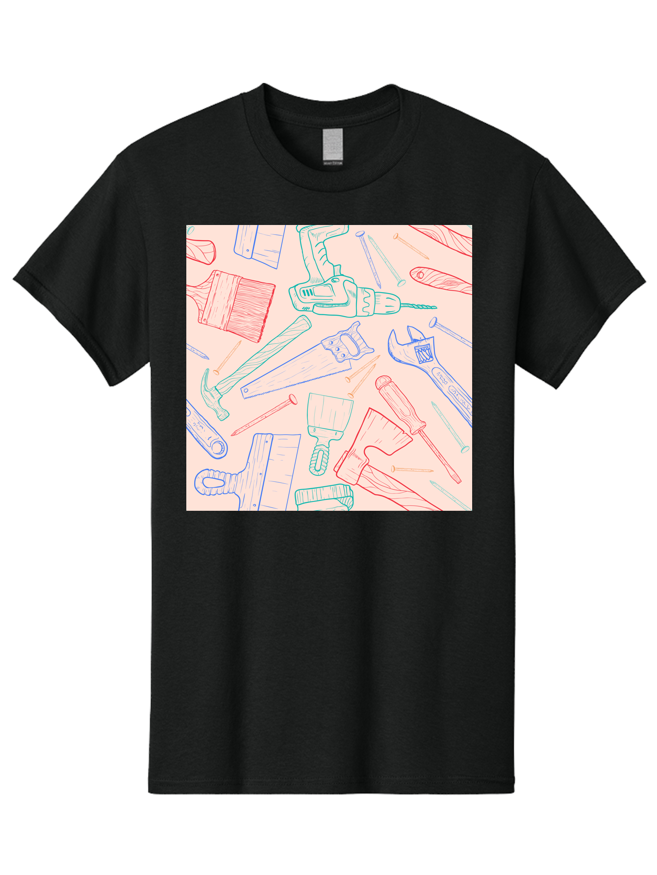 Hand-Tools Men'S Graphic Tee, 100% Cotton, Comfortable Casual Summer Wear, Machine Washable, Hand Tools, Diy Equipment, Construction Tools, Hammer, Screwdrivers, Pliers, Saws, Wrenches, Paintbrushes, Rollers, Hand-Drawn Illustrations, Aac396