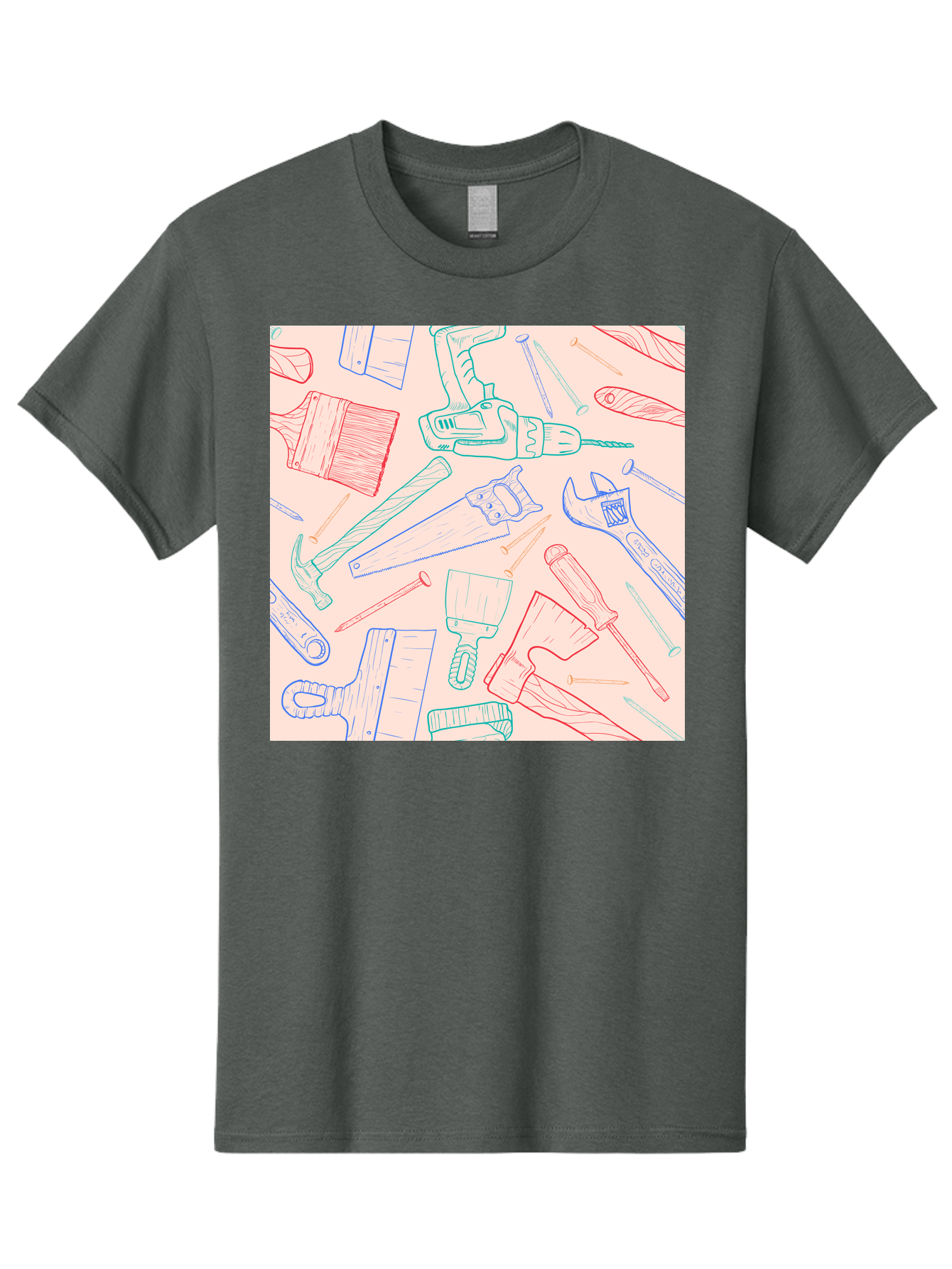 Hand-Tools Men'S Graphic Tee, 100% Cotton, Comfortable Casual Summer Wear, Machine Washable, Hand Tools, Diy Equipment, Construction Tools, Hammer, Screwdrivers, Pliers, Saws, Wrenches, Paintbrushes, Rollers, Hand-Drawn Illustrations, Aac396