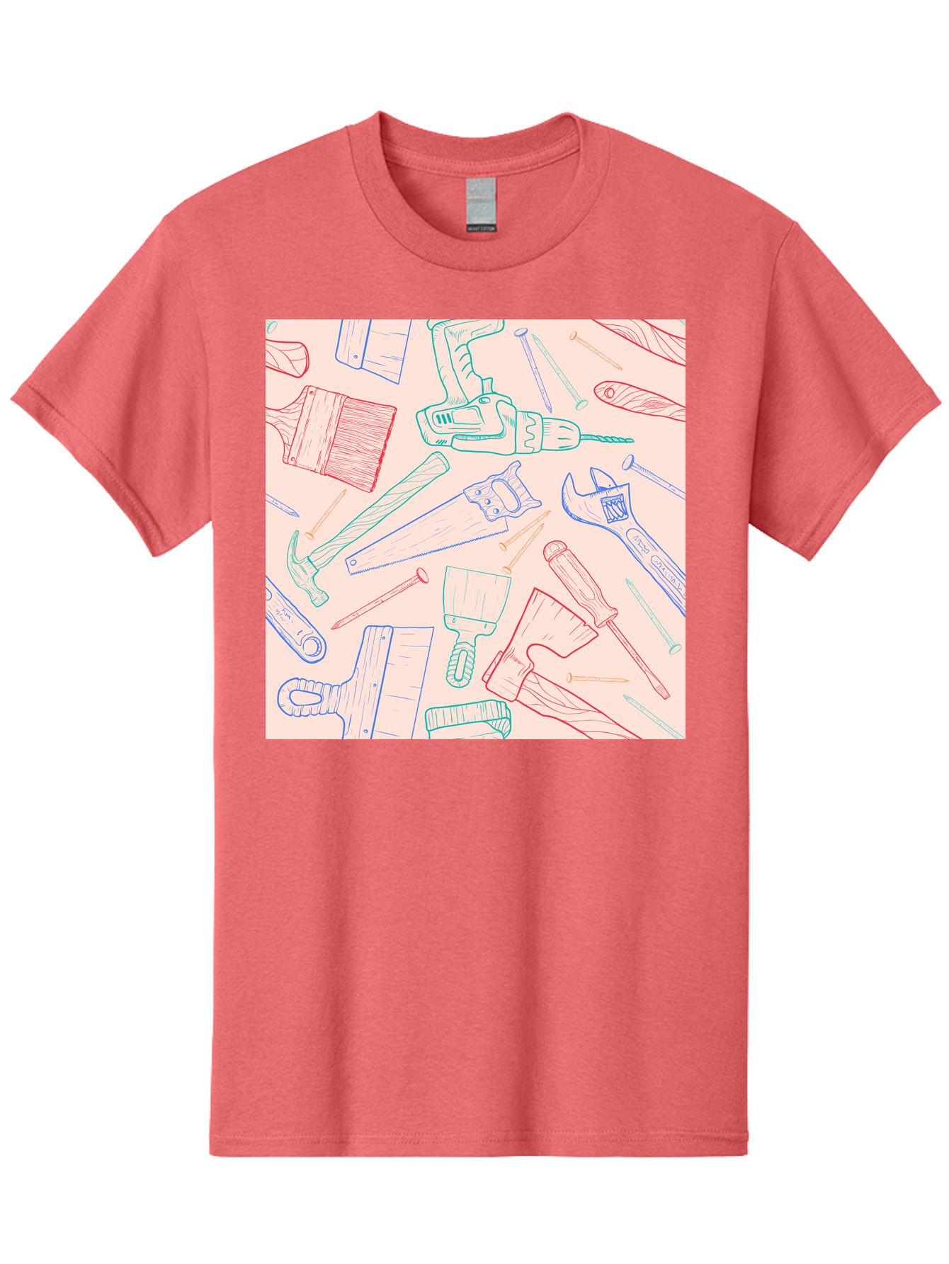 Hand-Tools Men'S Graphic Tee, 100% Cotton, Comfortable Casual Summer Wear, Machine Washable, Hand Tools, Diy Equipment, Construction Tools, Hammer, Screwdrivers, Pliers, Saws, Wrenches, Paintbrushes, Rollers, Hand-Drawn Illustrations, Aac396