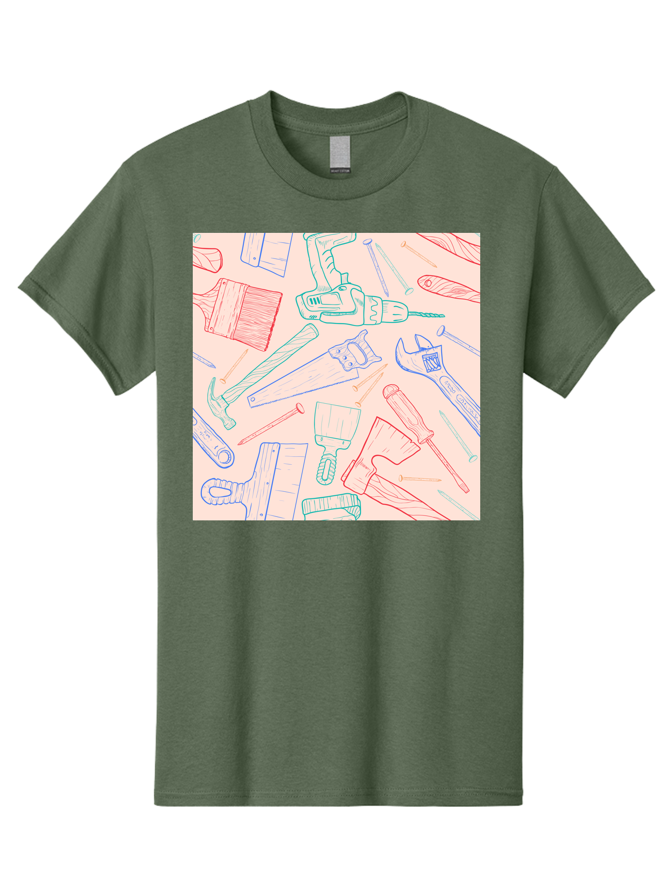 Hand-Tools Men'S Graphic Tee, 100% Cotton, Comfortable Casual Summer Wear, Machine Washable, Hand Tools, Diy Equipment, Construction Tools, Hammer, Screwdrivers, Pliers, Saws, Wrenches, Paintbrushes, Rollers, Hand-Drawn Illustrations, Aac396