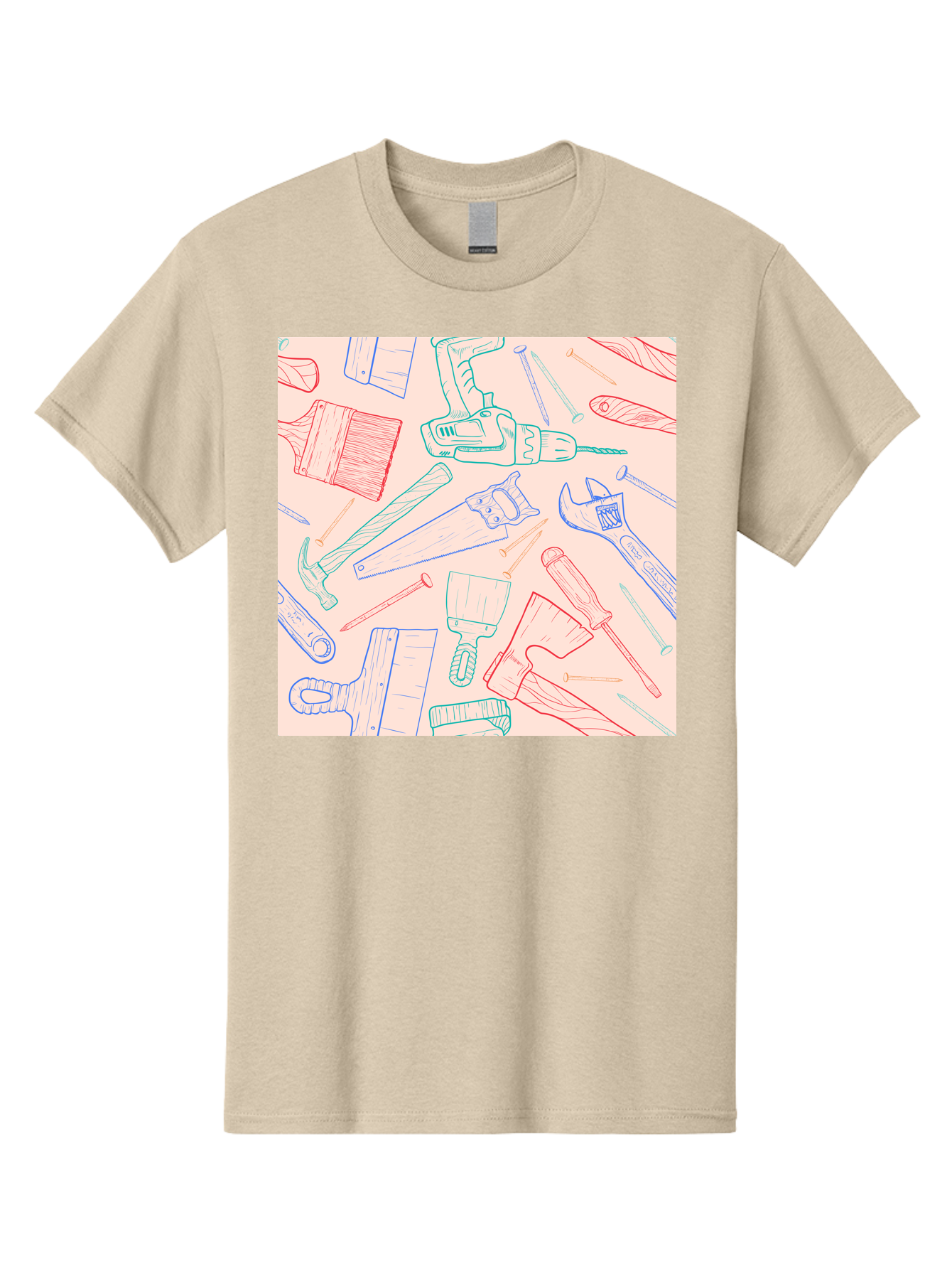 Hand-Tools Men'S Graphic Tee, 100% Cotton, Comfortable Casual Summer Wear, Machine Washable, Hand Tools, Diy Equipment, Construction Tools, Hammer, Screwdrivers, Pliers, Saws, Wrenches, Paintbrushes, Rollers, Hand-Drawn Illustrations, Aac396