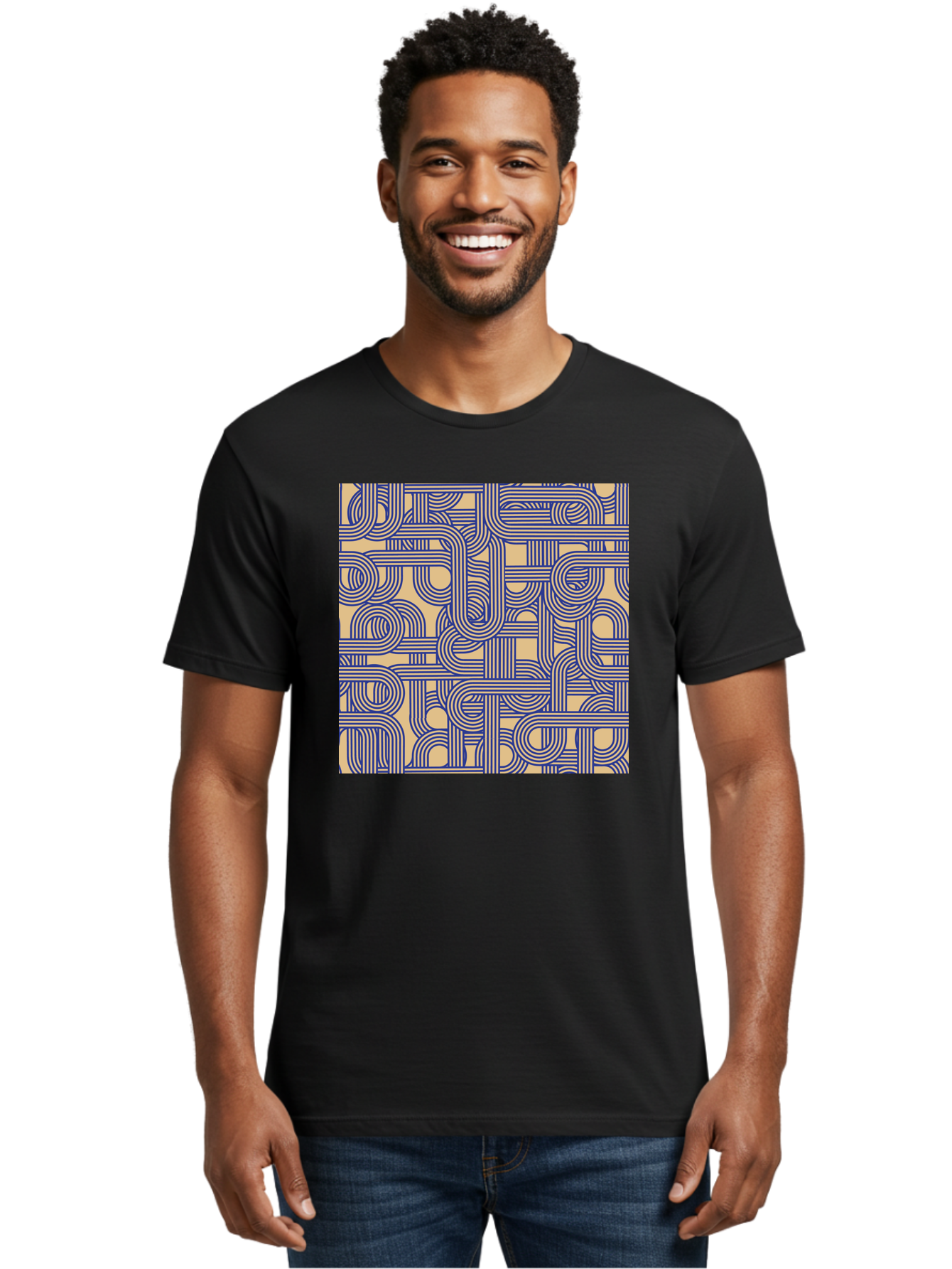 Interconnected-Lines Men'S Graphic Tee, 100% Cotton, Comfortable Casual Summer Wear, Machine Washable, Geometric Pattern, Abstract Design, Intricate Details, Blue And Yellow Colors, Modern Art, Seamless Texture, Repeating Shapes, Aac397
