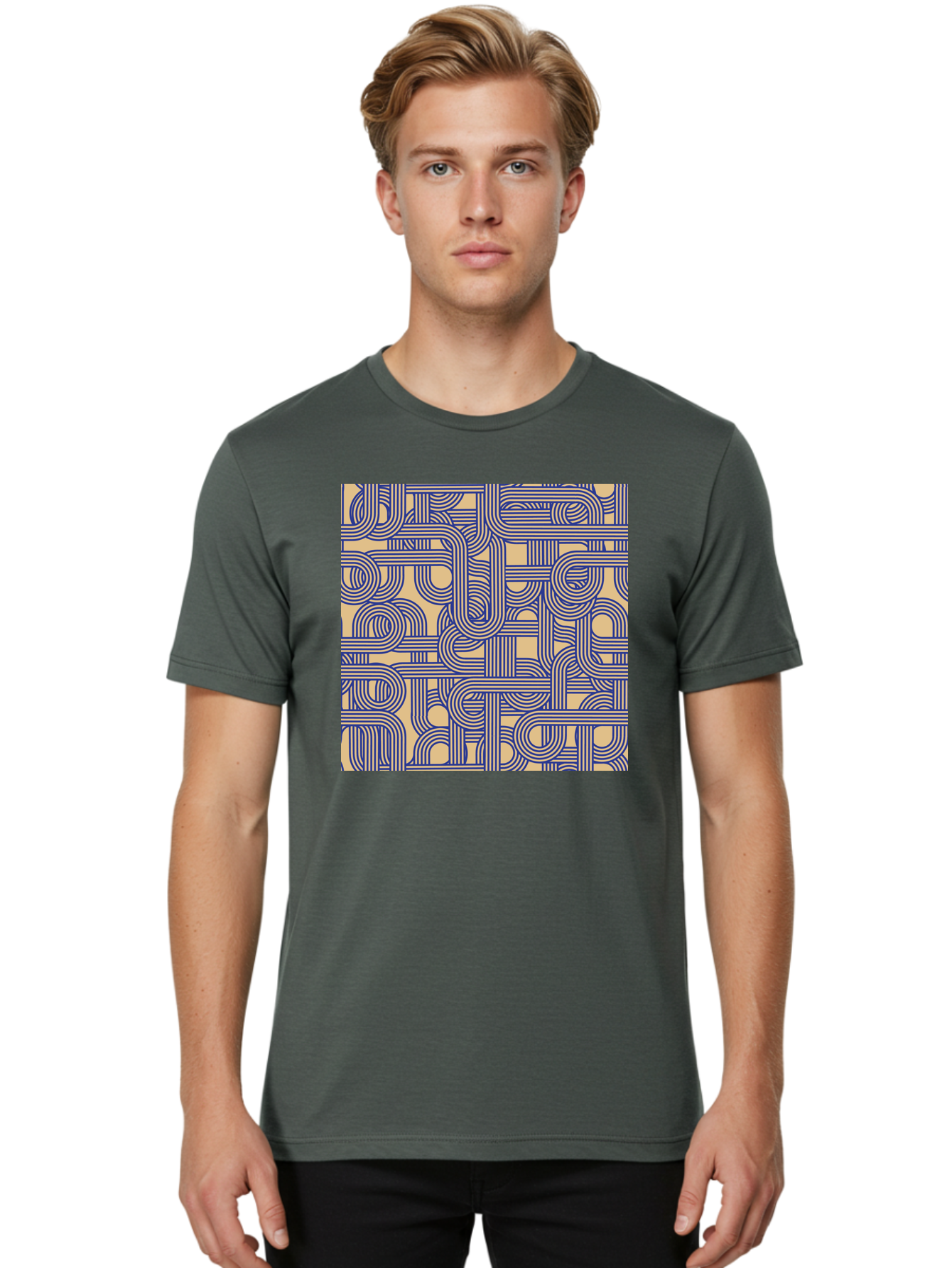 Interconnected-Lines Men'S Graphic Tee, 100% Cotton, Comfortable Casual Summer Wear, Machine Washable, Geometric Pattern, Abstract Design, Intricate Details, Blue And Yellow Colors, Modern Art, Seamless Texture, Repeating Shapes, Aac397