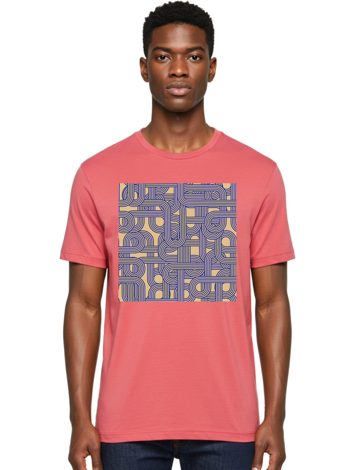 Interconnected-Lines Men'S Graphic Tee, 100% Cotton, Comfortable Casual Summer Wear, Machine Washable, Geometric Pattern, Abstract Design, Intricate Details, Blue And Yellow Colors, Modern Art, Seamless Texture, Repeating Shapes, Aac397