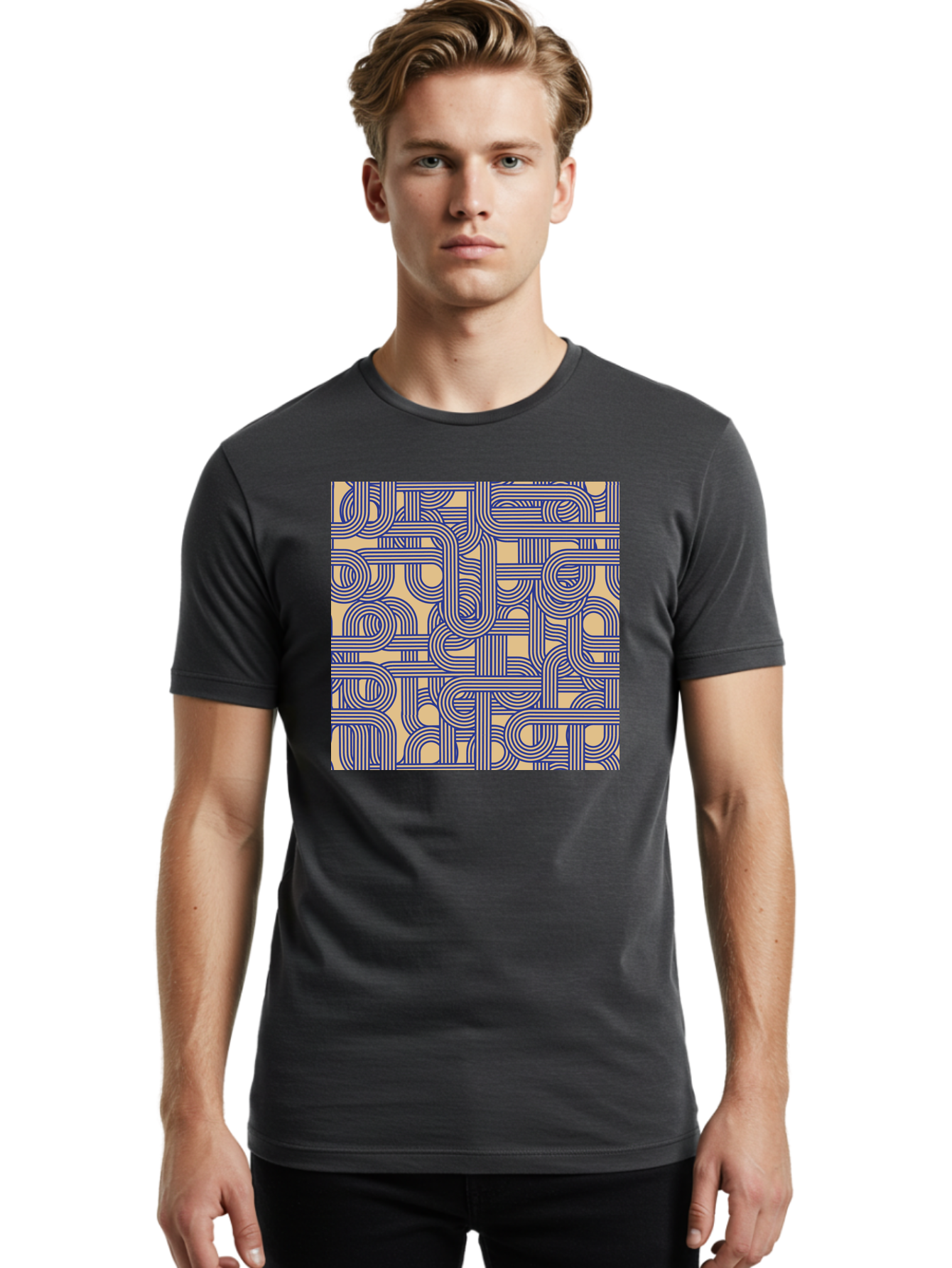Interconnected-Lines Men'S Graphic Tee, 100% Cotton, Comfortable Casual Summer Wear, Machine Washable, Geometric Pattern, Abstract Design, Intricate Details, Blue And Yellow Colors, Modern Art, Seamless Texture, Repeating Shapes, Aac397