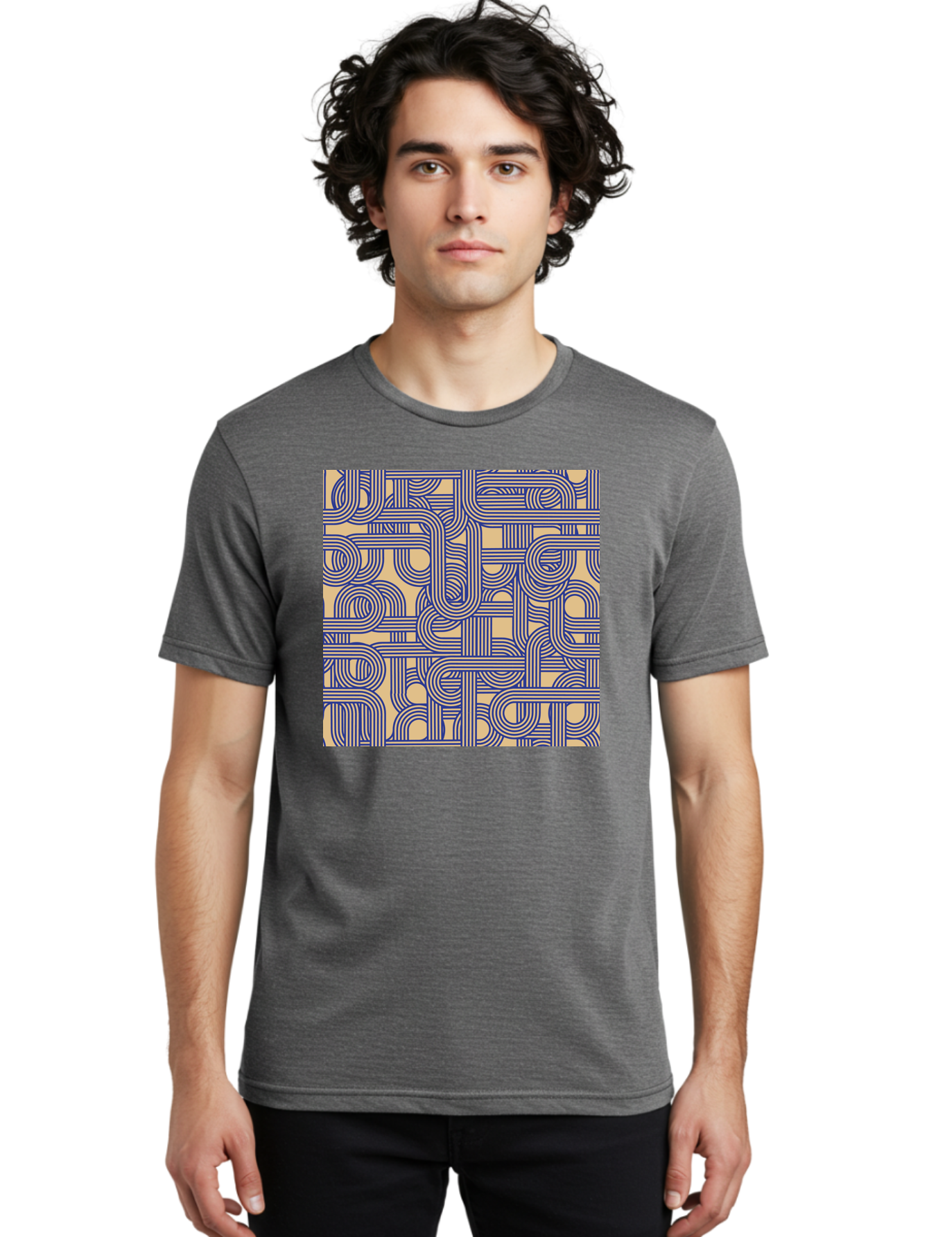Interconnected-Lines Men'S Graphic Tee, 100% Cotton, Comfortable Casual Summer Wear, Machine Washable, Geometric Pattern, Abstract Design, Intricate Details, Blue And Yellow Colors, Modern Art, Seamless Texture, Repeating Shapes, Aac397