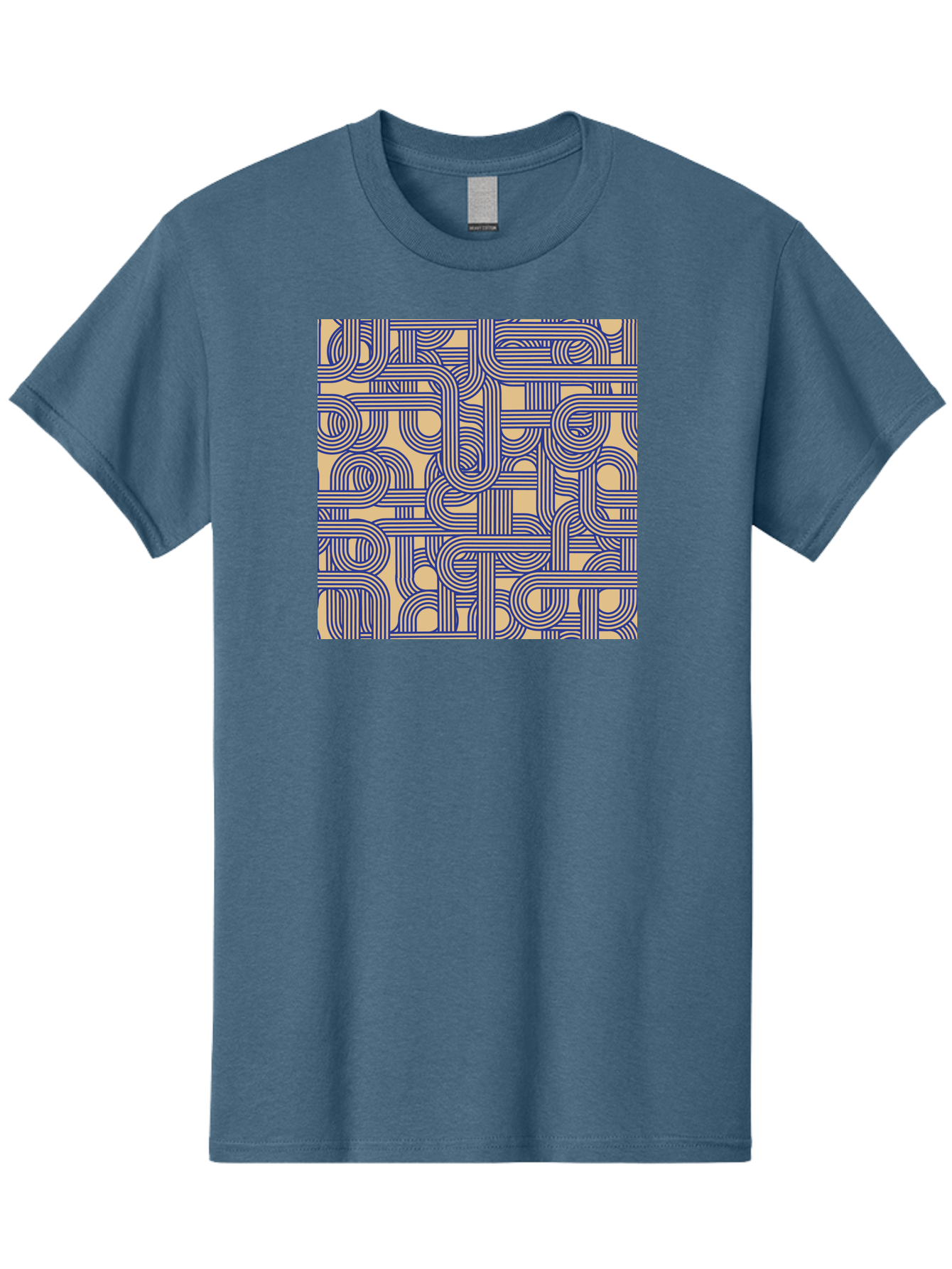 Interconnected-Lines Men'S Graphic Tee, 100% Cotton, Comfortable Casual Summer Wear, Machine Washable, Geometric Pattern, Abstract Design, Intricate Details, Blue And Yellow Colors, Modern Art, Seamless Texture, Repeating Shapes, Aac397