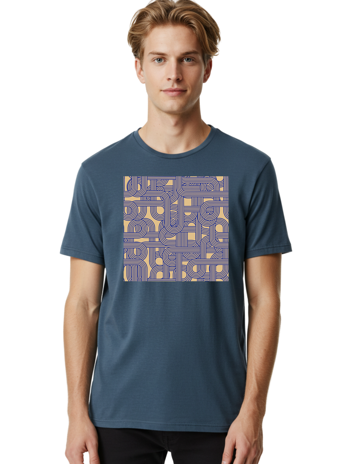 Interconnected-Lines Men'S Graphic Tee, 100% Cotton, Comfortable Casual Summer Wear, Machine Washable, Geometric Pattern, Abstract Design, Intricate Details, Blue And Yellow Colors, Modern Art, Seamless Texture, Repeating Shapes, Aac397