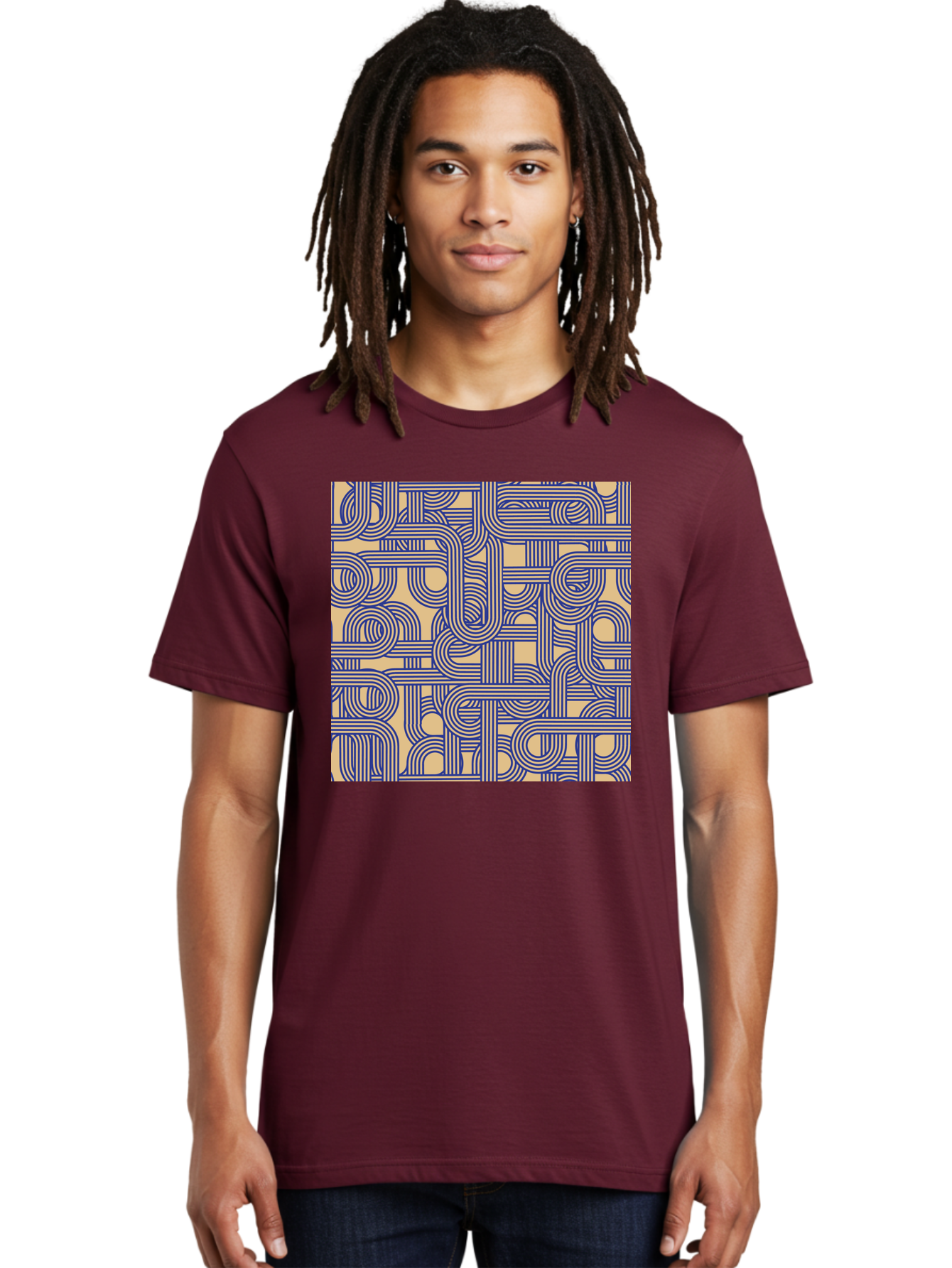 Interconnected-Lines Men'S Graphic Tee, 100% Cotton, Comfortable Casual Summer Wear, Machine Washable, Geometric Pattern, Abstract Design, Intricate Details, Blue And Yellow Colors, Modern Art, Seamless Texture, Repeating Shapes, Aac397