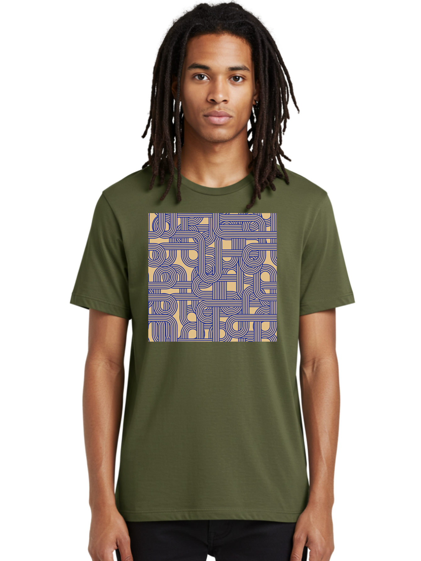 Interconnected-Lines Men'S Graphic Tee, 100% Cotton, Comfortable Casual Summer Wear, Machine Washable, Geometric Pattern, Abstract Design, Intricate Details, Blue And Yellow Colors, Modern Art, Seamless Texture, Repeating Shapes, Aac397
