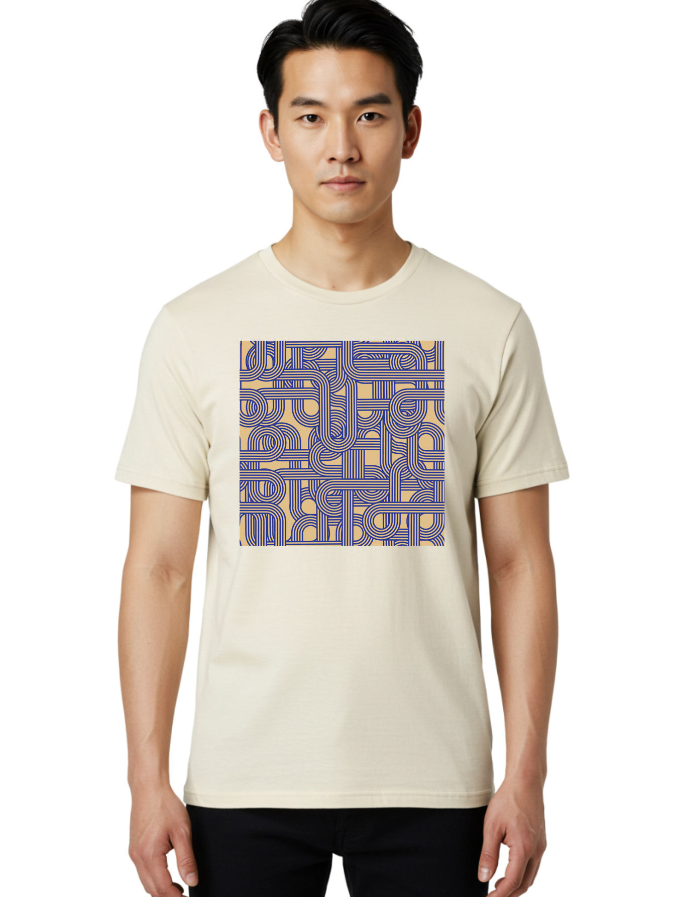 Interconnected-Lines Men'S Graphic Tee, 100% Cotton, Comfortable Casual Summer Wear, Machine Washable, Geometric Pattern, Abstract Design, Intricate Details, Blue And Yellow Colors, Modern Art, Seamless Texture, Repeating Shapes, Aac397