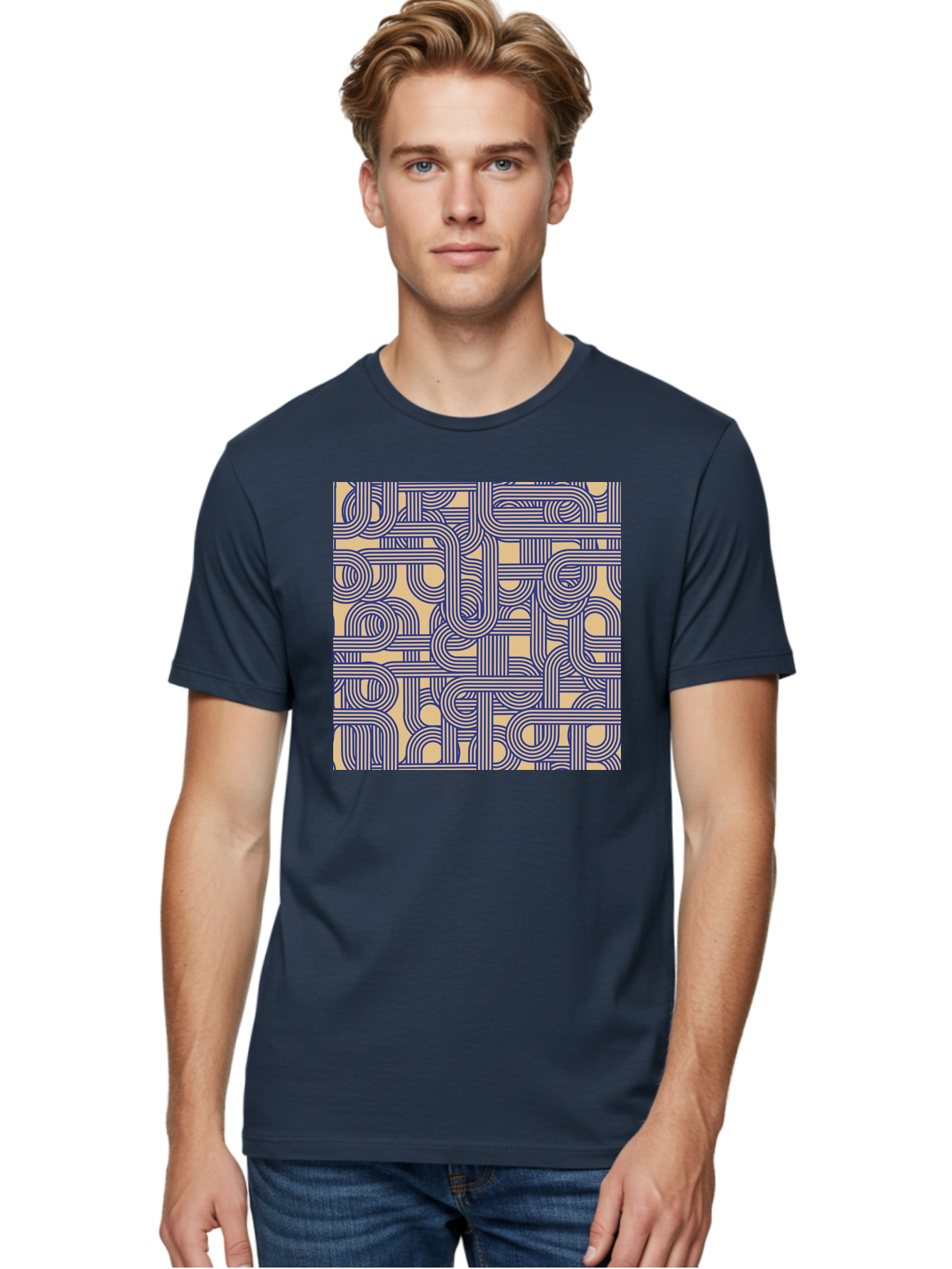 Interconnected-Lines Men'S Graphic Tee, 100% Cotton, Comfortable Casual Summer Wear, Machine Washable, Geometric Pattern, Abstract Design, Intricate Details, Blue And Yellow Colors, Modern Art, Seamless Texture, Repeating Shapes, Aac397