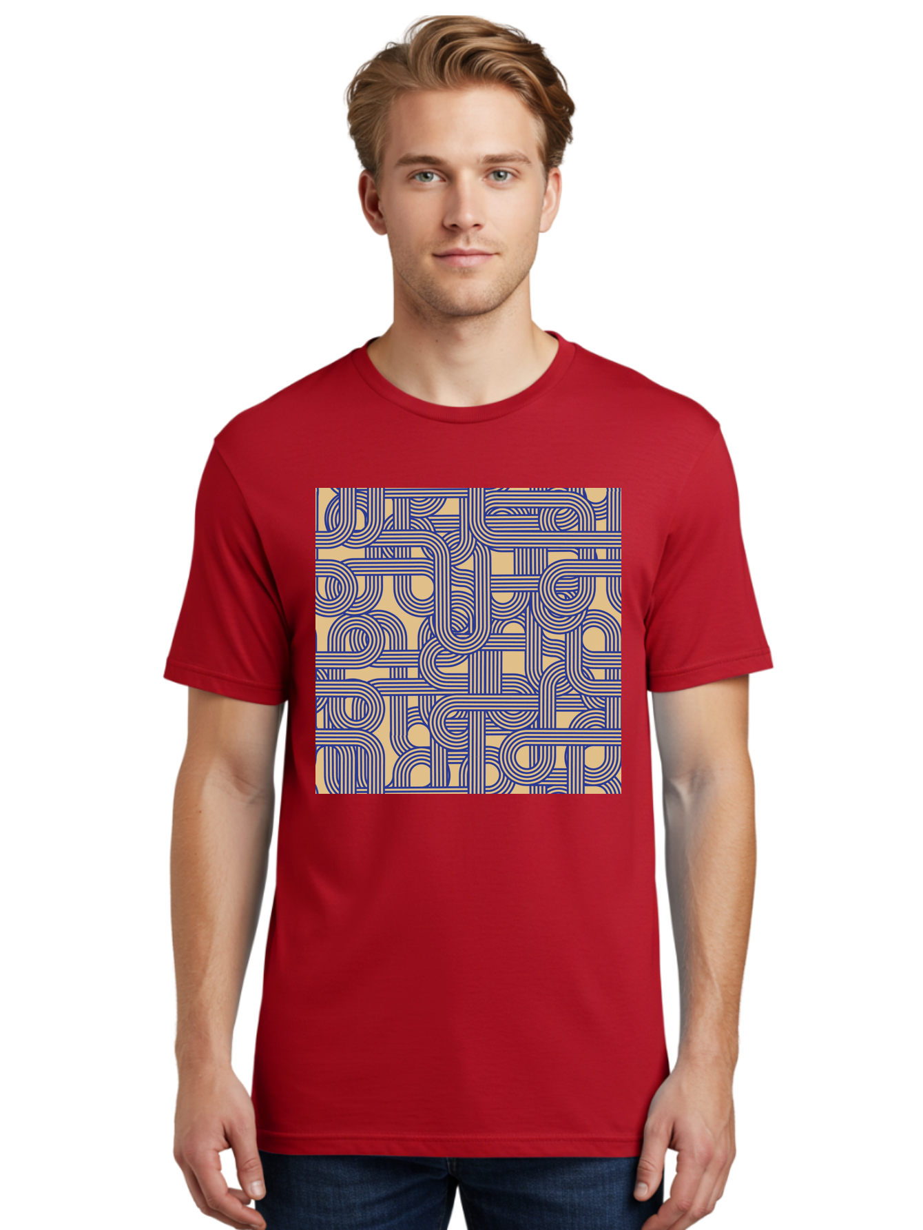 Interconnected-Lines Men'S Graphic Tee, 100% Cotton, Comfortable Casual Summer Wear, Machine Washable, Geometric Pattern, Abstract Design, Intricate Details, Blue And Yellow Colors, Modern Art, Seamless Texture, Repeating Shapes, Aac397