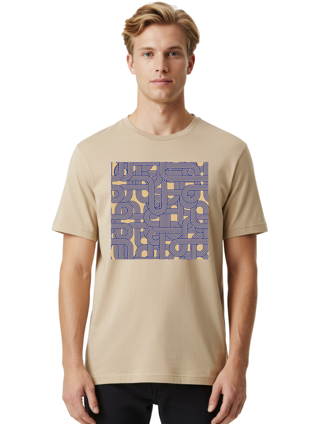 Interconnected-Lines Men'S Graphic Tee, 100% Cotton, Comfortable Casual Summer Wear, Machine Washable, Geometric Pattern, Abstract Design, Intricate Details, Blue And Yellow Colors, Modern Art, Seamless Texture, Repeating Shapes, Aac397