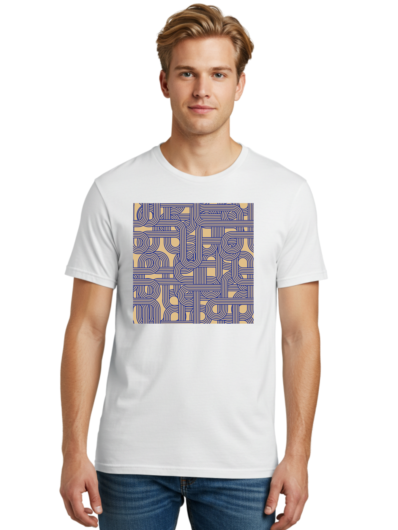 Interconnected-Lines Men'S Graphic Tee, 100% Cotton, Comfortable Casual Summer Wear, Machine Washable, Geometric Pattern, Abstract Design, Intricate Details, Blue And Yellow Colors, Modern Art, Seamless Texture, Repeating Shapes, Aac397