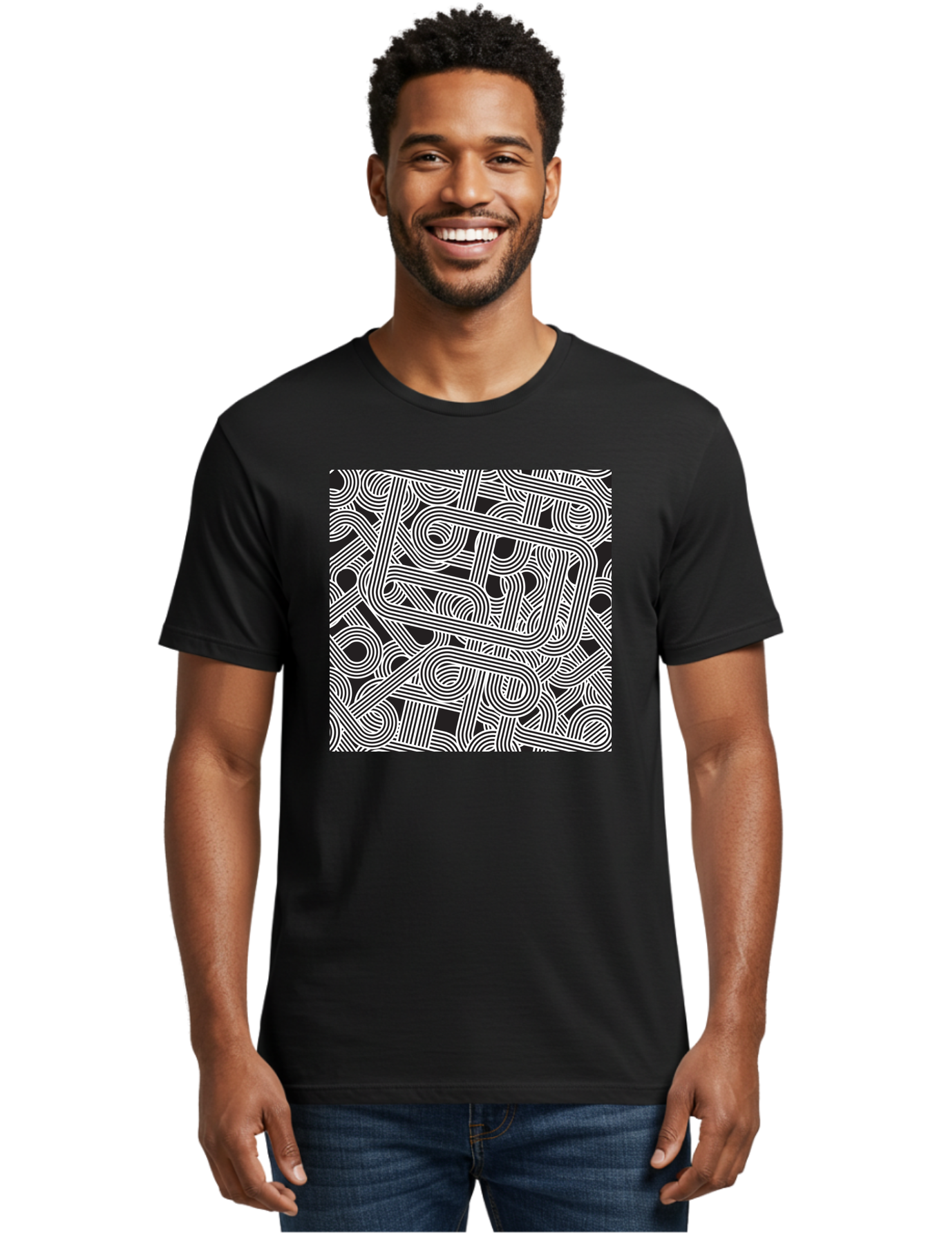 Interconnected-Loops Men'S Graphic Tee, 100% Cotton, Comfortable Casual Summer Wear, Machine Washable, Abstract Pattern, Interconnected Lines, Geometric Shapes, Black And White Design, Modern Art, Optical Illusion, Intricate Details, Aac398