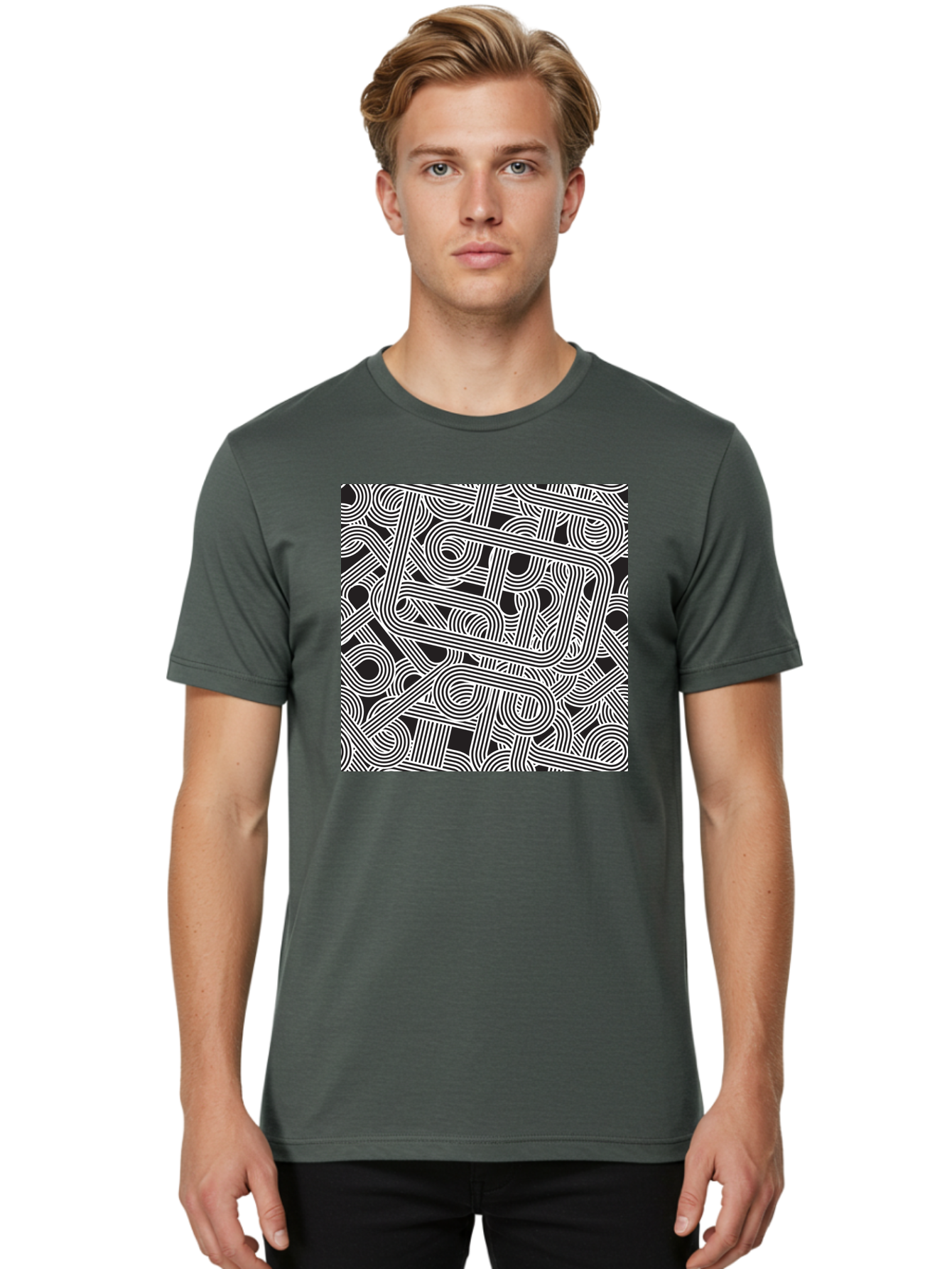Interconnected-Loops Men'S Graphic Tee, 100% Cotton, Comfortable Casual Summer Wear, Machine Washable, Abstract Pattern, Interconnected Lines, Geometric Shapes, Black And White Design, Modern Art, Optical Illusion, Intricate Details, Aac398