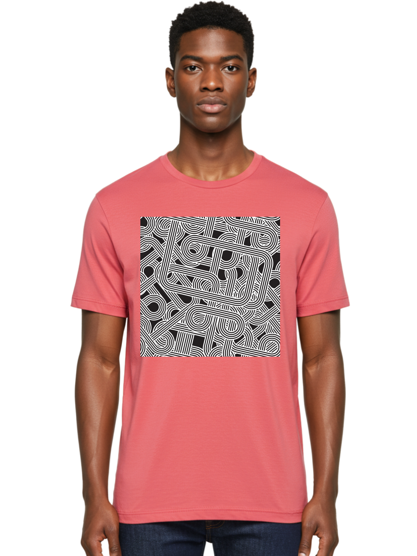 Interconnected-Loops Men'S Graphic Tee, 100% Cotton, Comfortable Casual Summer Wear, Machine Washable, Abstract Pattern, Interconnected Lines, Geometric Shapes, Black And White Design, Modern Art, Optical Illusion, Intricate Details, Aac398
