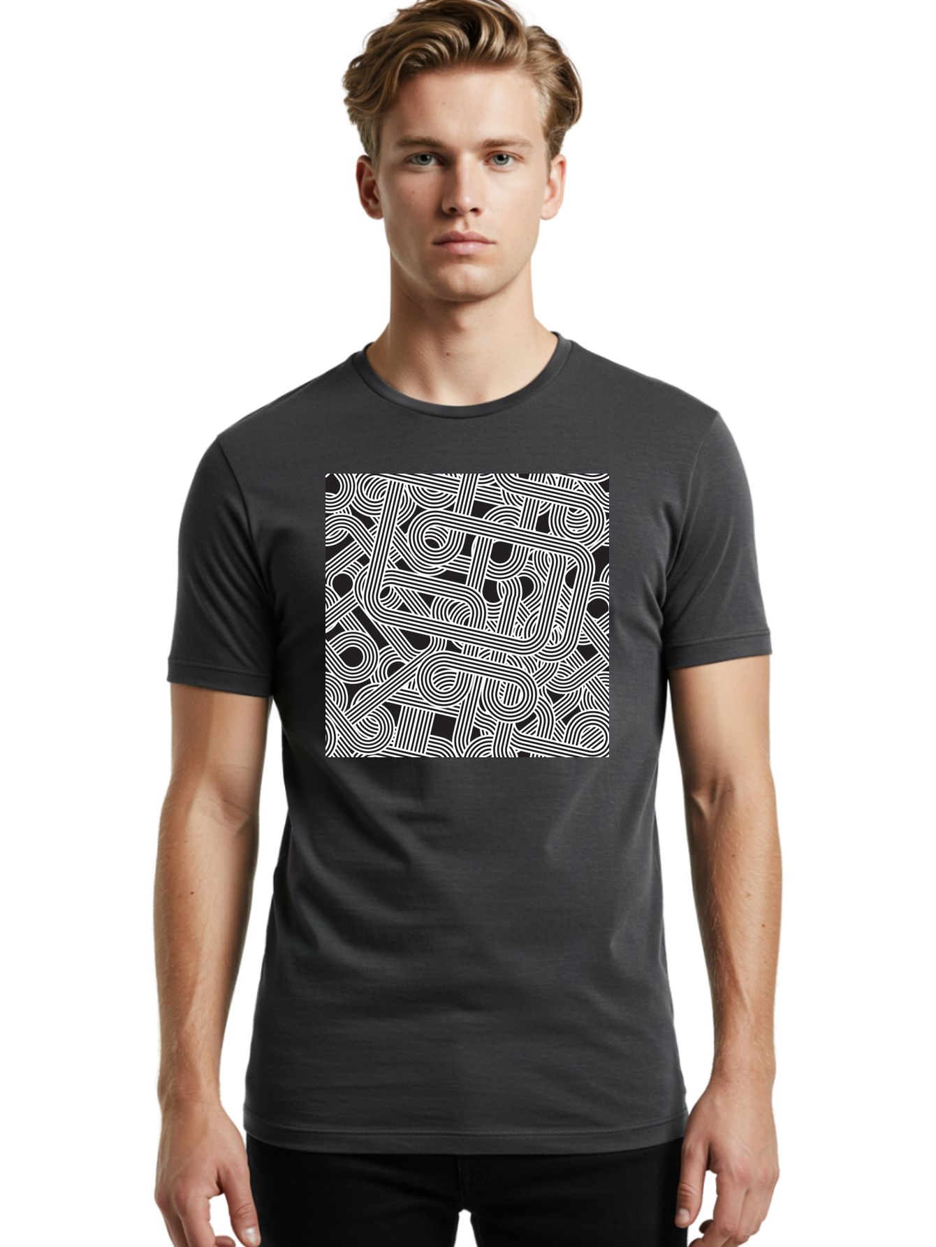 Interconnected-Loops Men'S Graphic Tee, 100% Cotton, Comfortable Casual Summer Wear, Machine Washable, Abstract Pattern, Interconnected Lines, Geometric Shapes, Black And White Design, Modern Art, Optical Illusion, Intricate Details, Aac398
