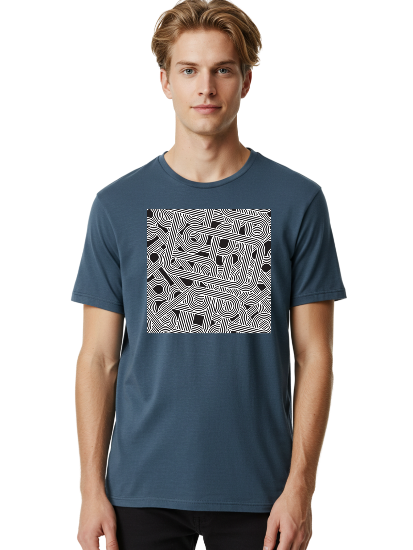 Interconnected-Loops Men'S Graphic Tee, 100% Cotton, Comfortable Casual Summer Wear, Machine Washable, Abstract Pattern, Interconnected Lines, Geometric Shapes, Black And White Design, Modern Art, Optical Illusion, Intricate Details, Aac398
